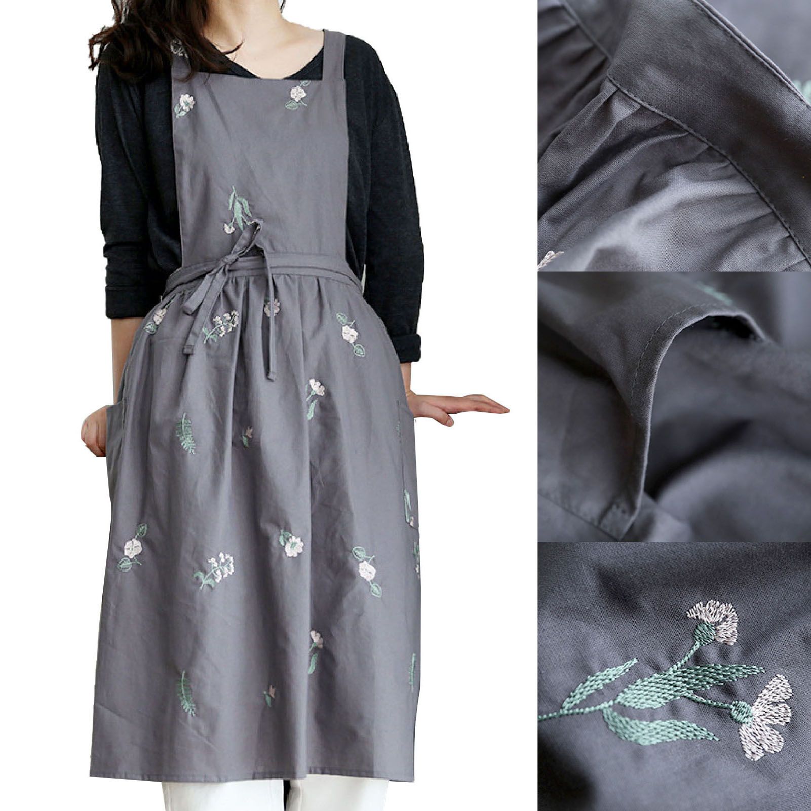 Cooking Apron Flower Embroidery Waterproof Wear Resistant Baking Apron for view 3