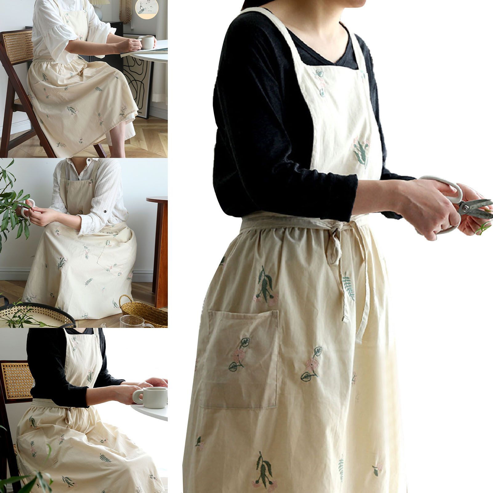 Cooking Apron Flower Embroidery Waterproof Wear Resistant Baking Apron for view 4
