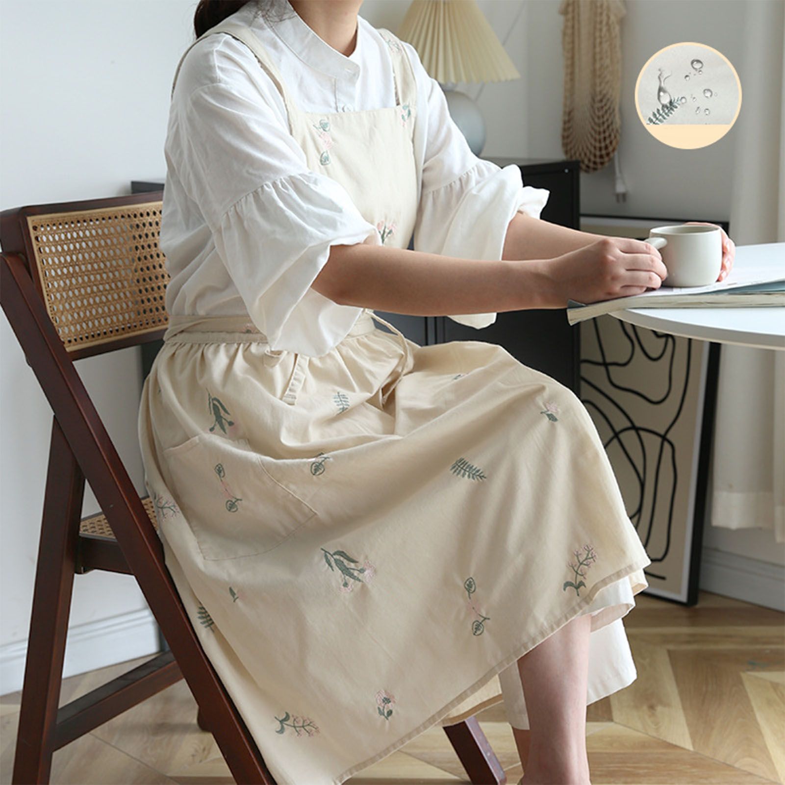 Cooking Apron Flower Embroidery Waterproof Wear Resistant Baking Apron for view 6