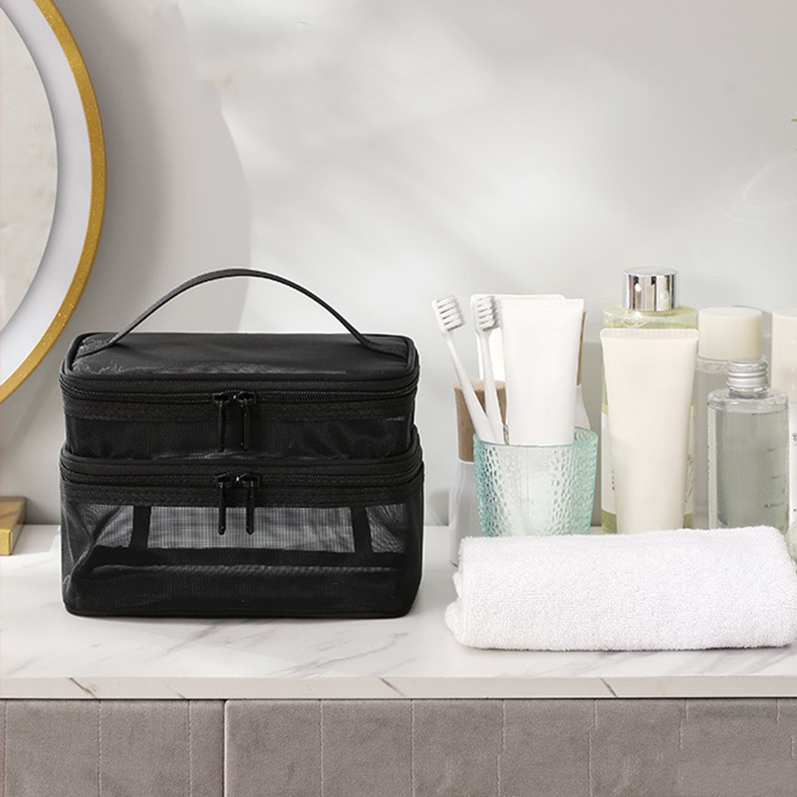 Double Layer Cosmetic Bag Easy Classification Large Capacity Mesh Cosmetic Bag view 9