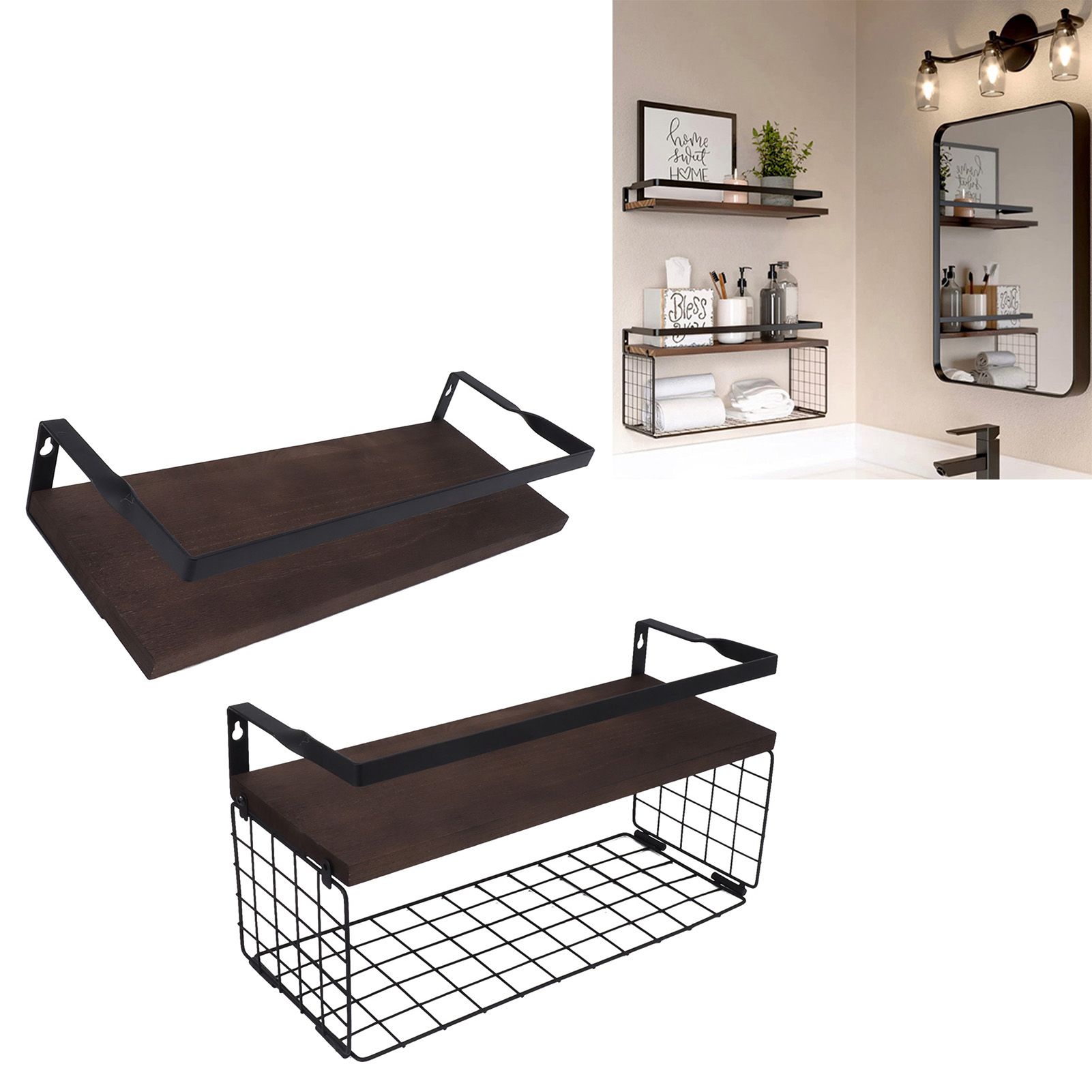 2 Set Wall Mounted Storage Shelves Bathroom Metal Wire Rustic Floating Shelf view 11