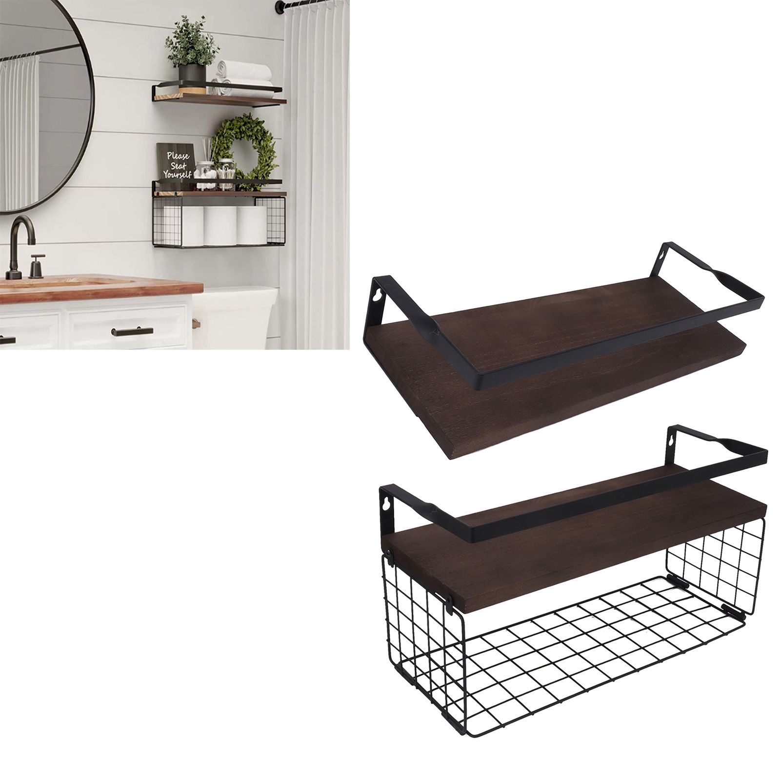 2 Set Wall Mounted Storage Shelves Bathroom Metal Wire Rustic Floating Shelf view 12