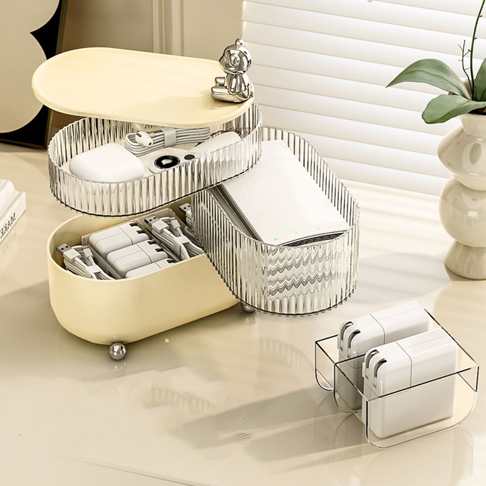 Desktop Storage Box 3 Tier Rotating Divided Organizer for Jewelry Data Cable view 6