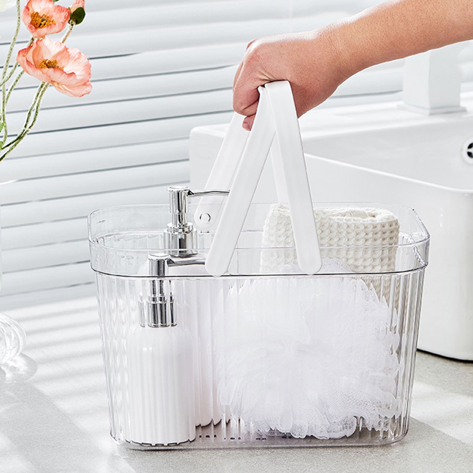Bath Organizer Basket Stylish Clear Stripe Large Capacity Shower Storage view 9