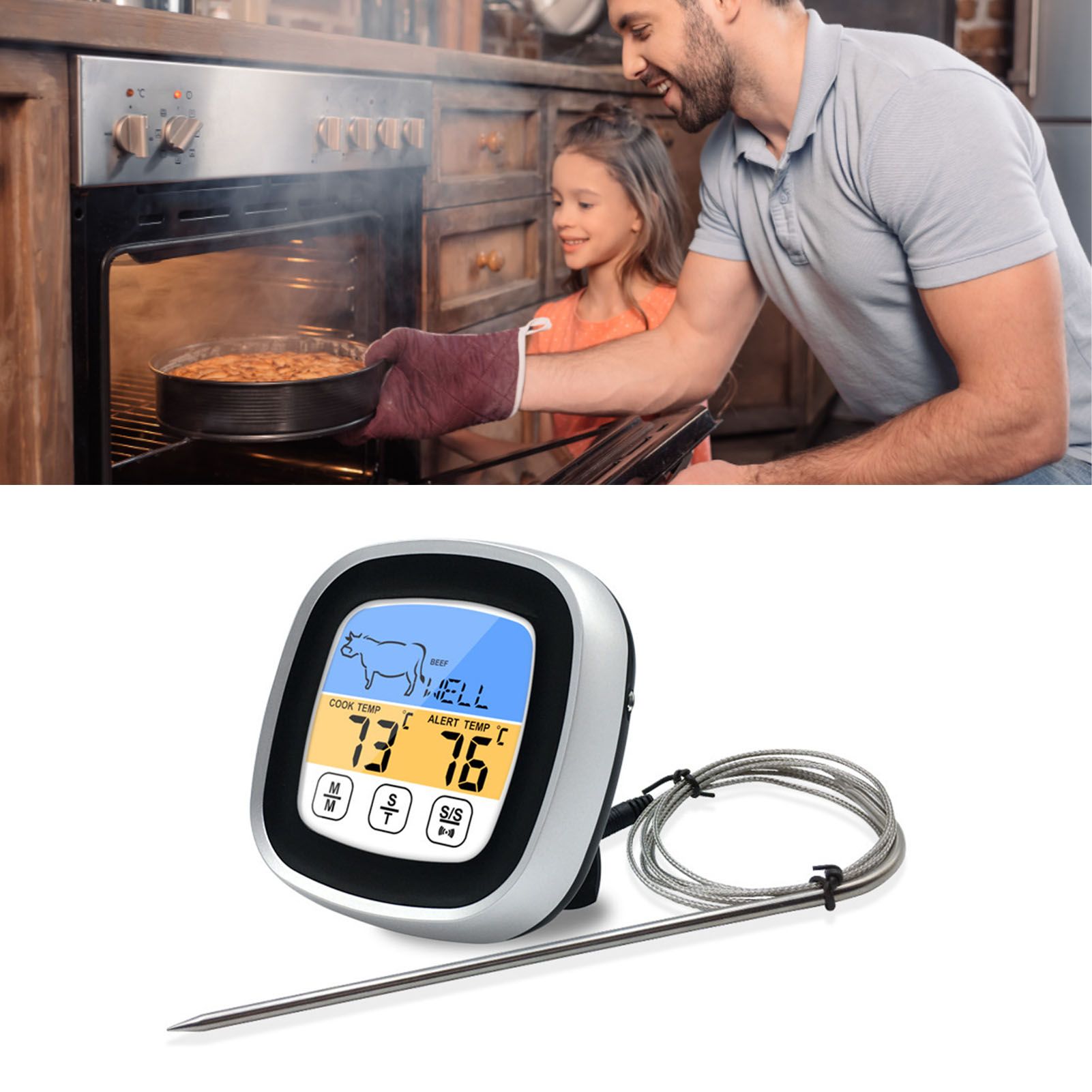 Digital Timer Thermometer Touch Screen Stainless Steel Meat Thermometer for view 5