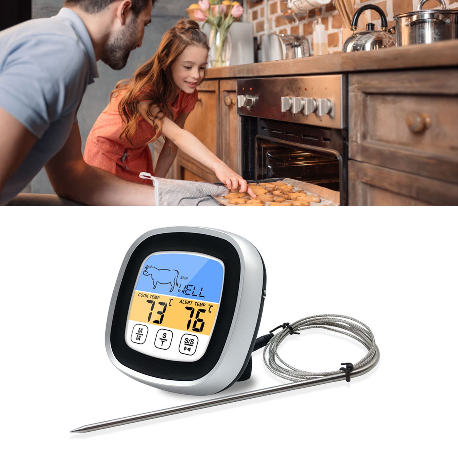 Digital Timer Thermometer Touch Screen Stainless Steel Meat Thermometer for view 6
