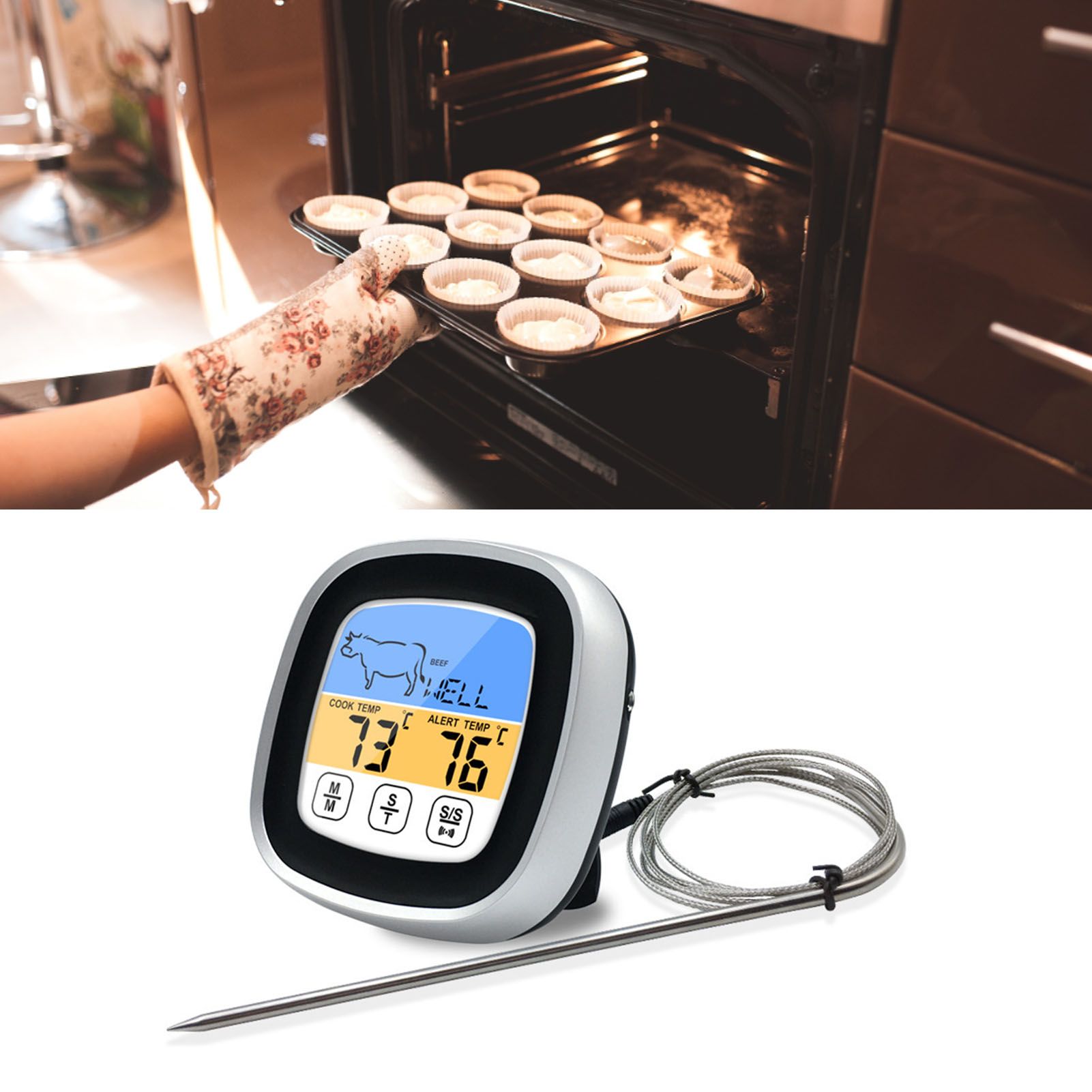 Digital Timer Thermometer Touch Screen Stainless Steel Meat Thermometer for view 10