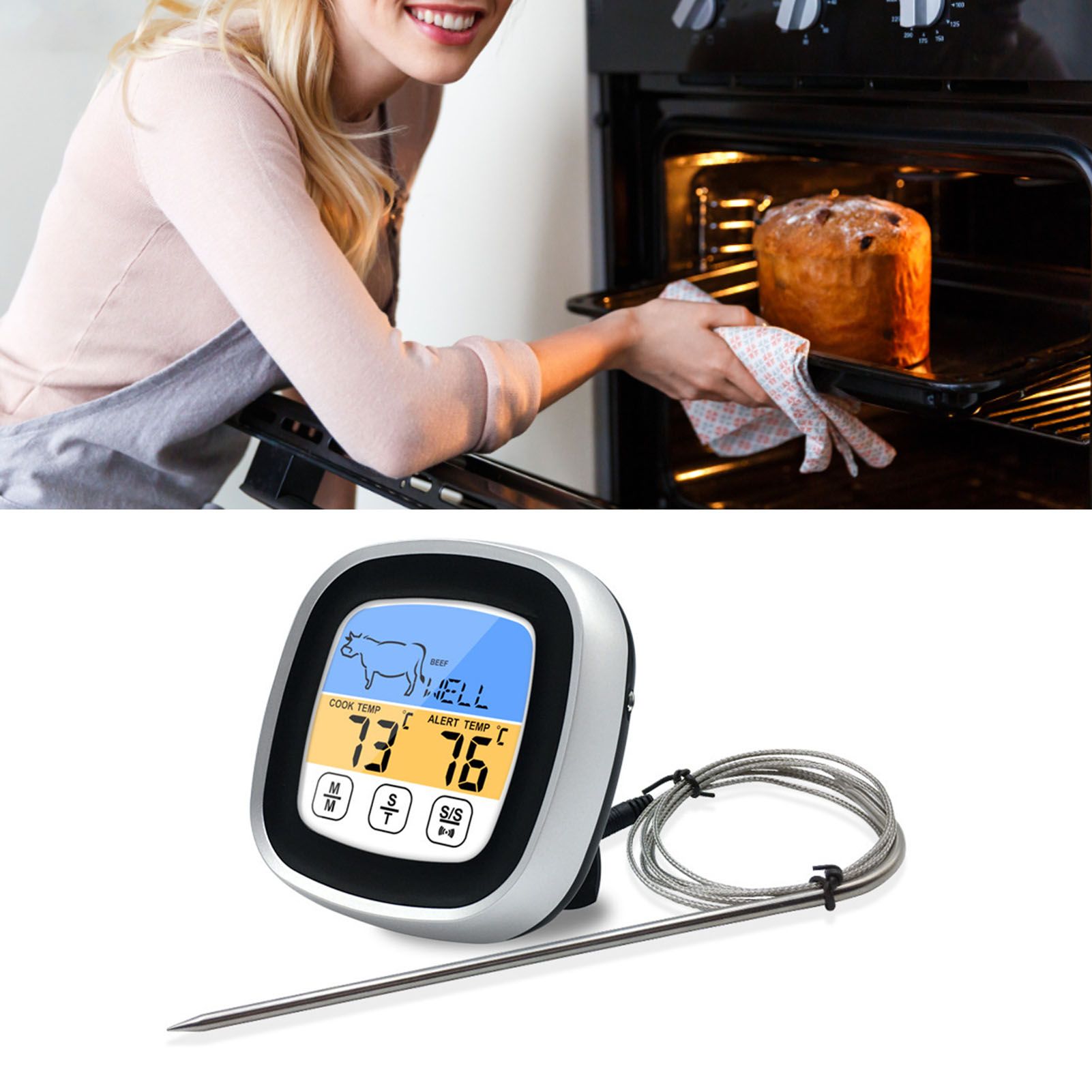 Digital Timer Thermometer Touch Screen Stainless Steel Meat Thermometer for view 11