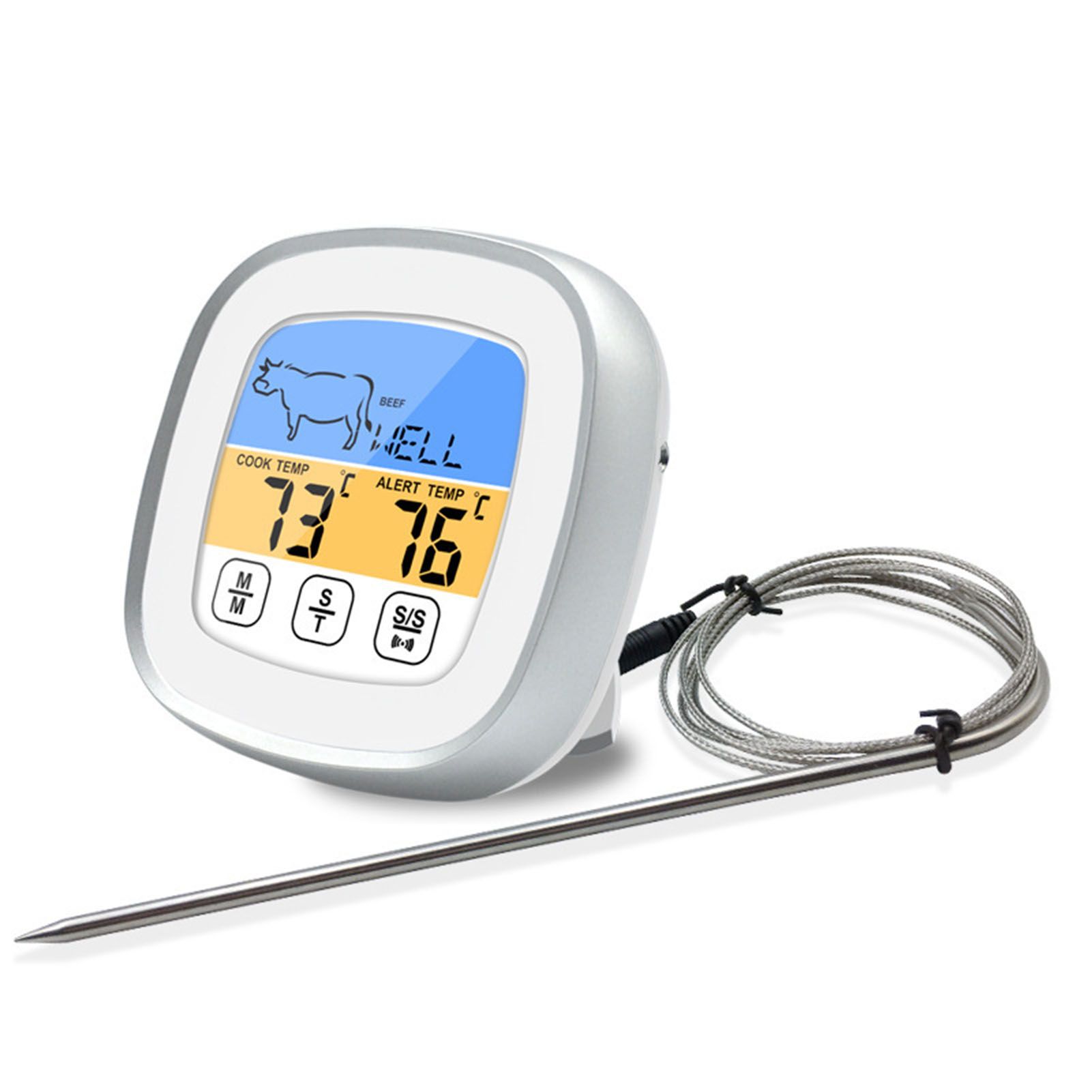 Digital Timer Thermometer Touch Screen Stainless Steel Meat Thermometer for