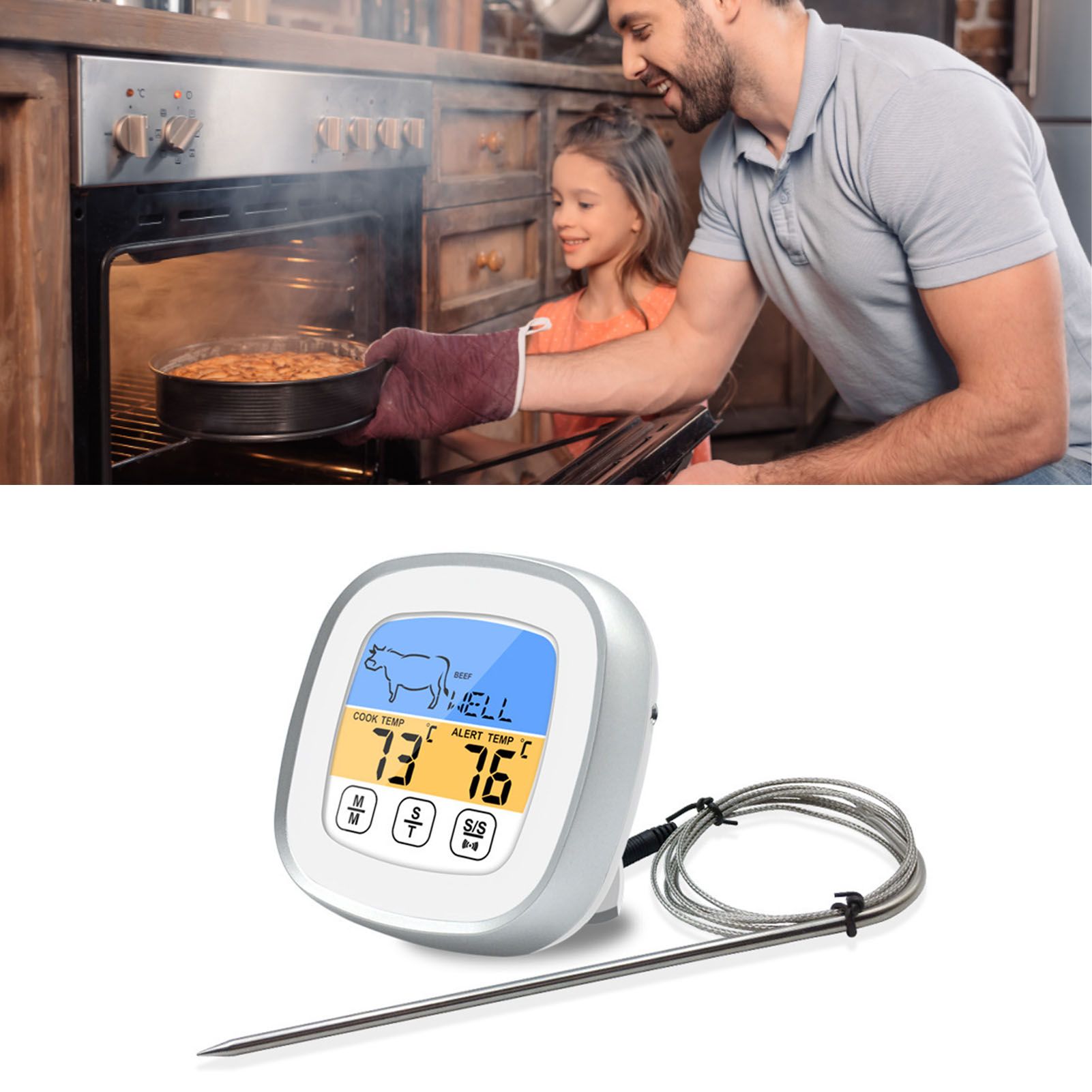 Digital Timer Thermometer Touch Screen Stainless Steel Meat Thermometer for view 5