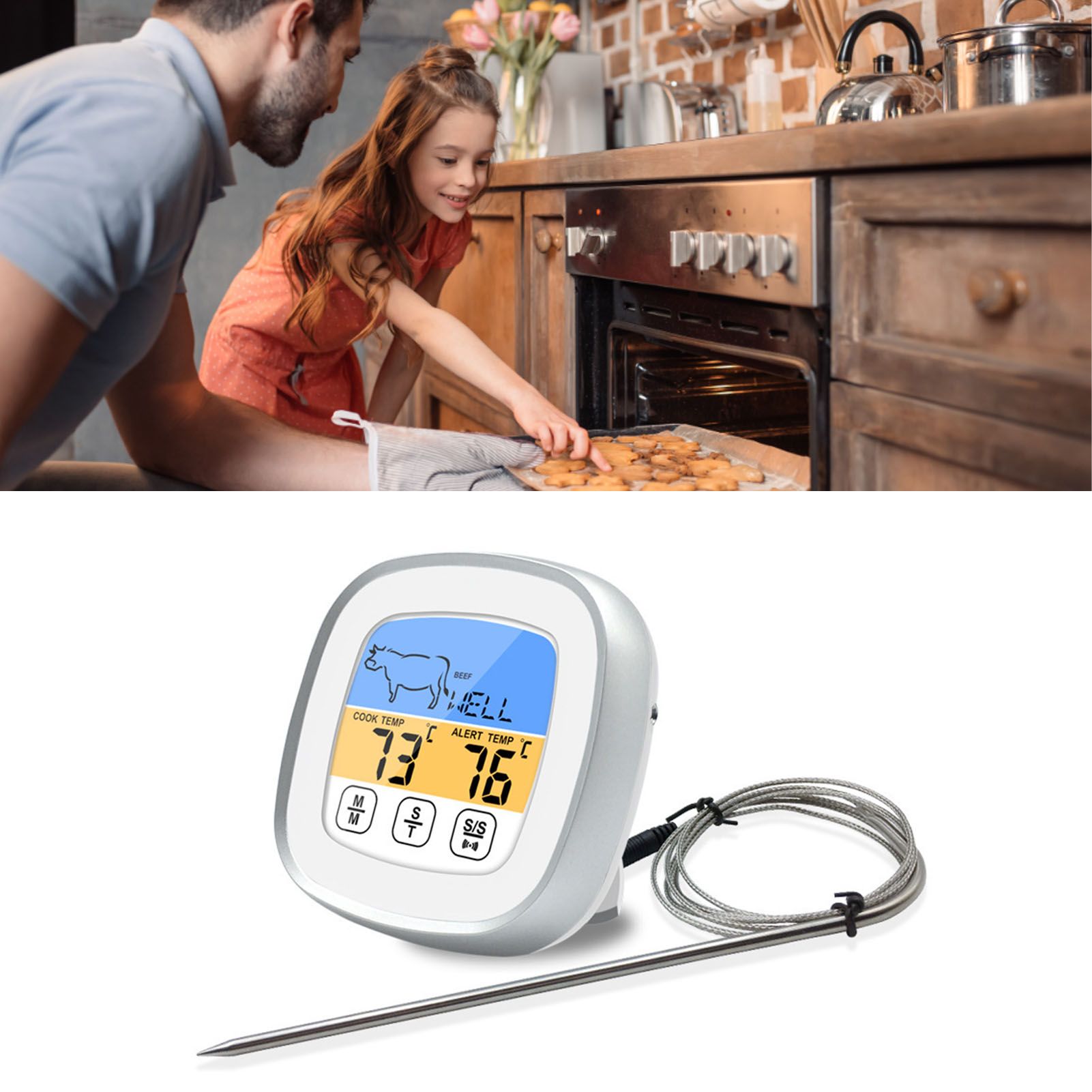 Digital Timer Thermometer Touch Screen Stainless Steel Meat Thermometer for view 6