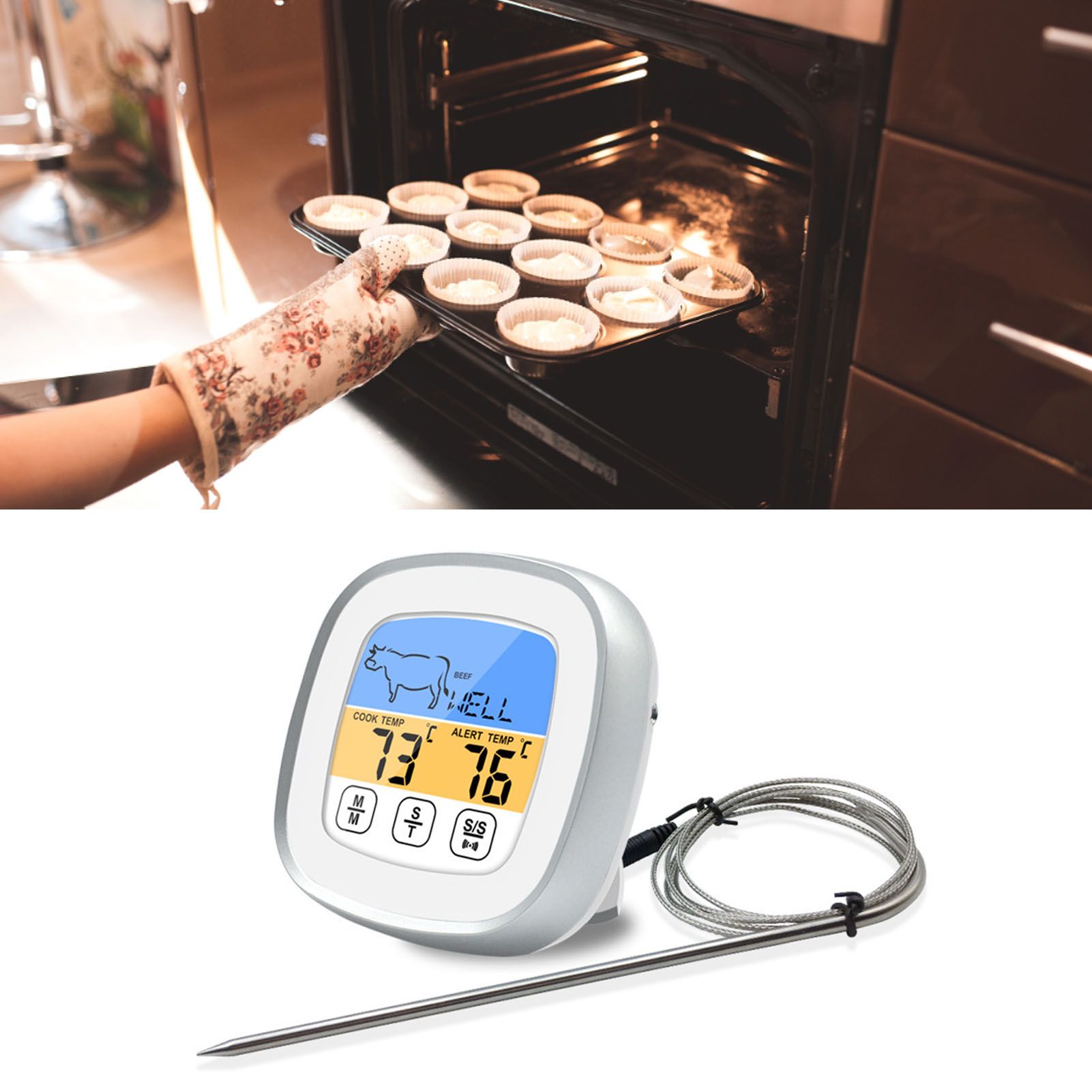 Digital Timer Thermometer Touch Screen Stainless Steel Meat Thermometer for view 10
