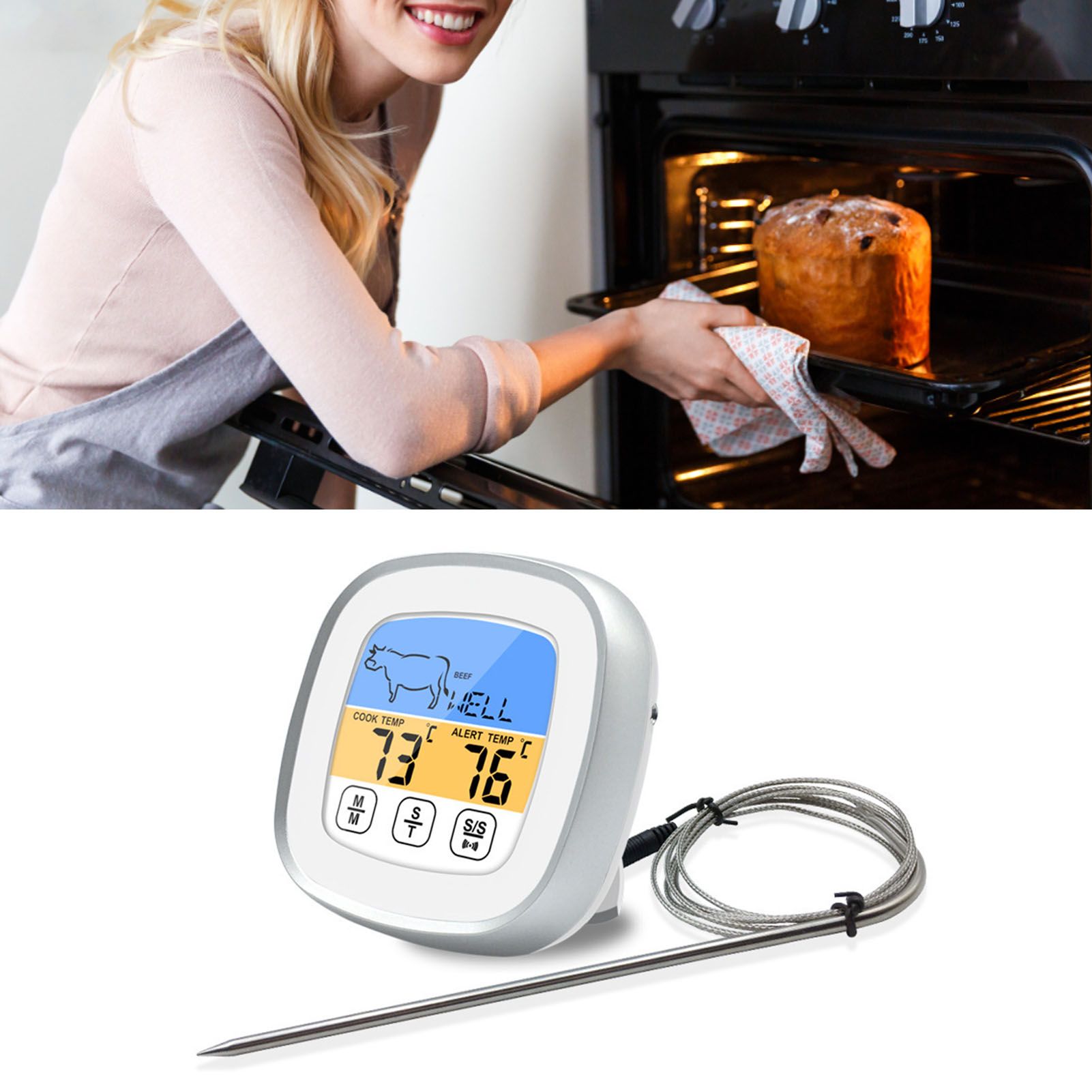 Digital Timer Thermometer Touch Screen Stainless Steel Meat Thermometer for view 11