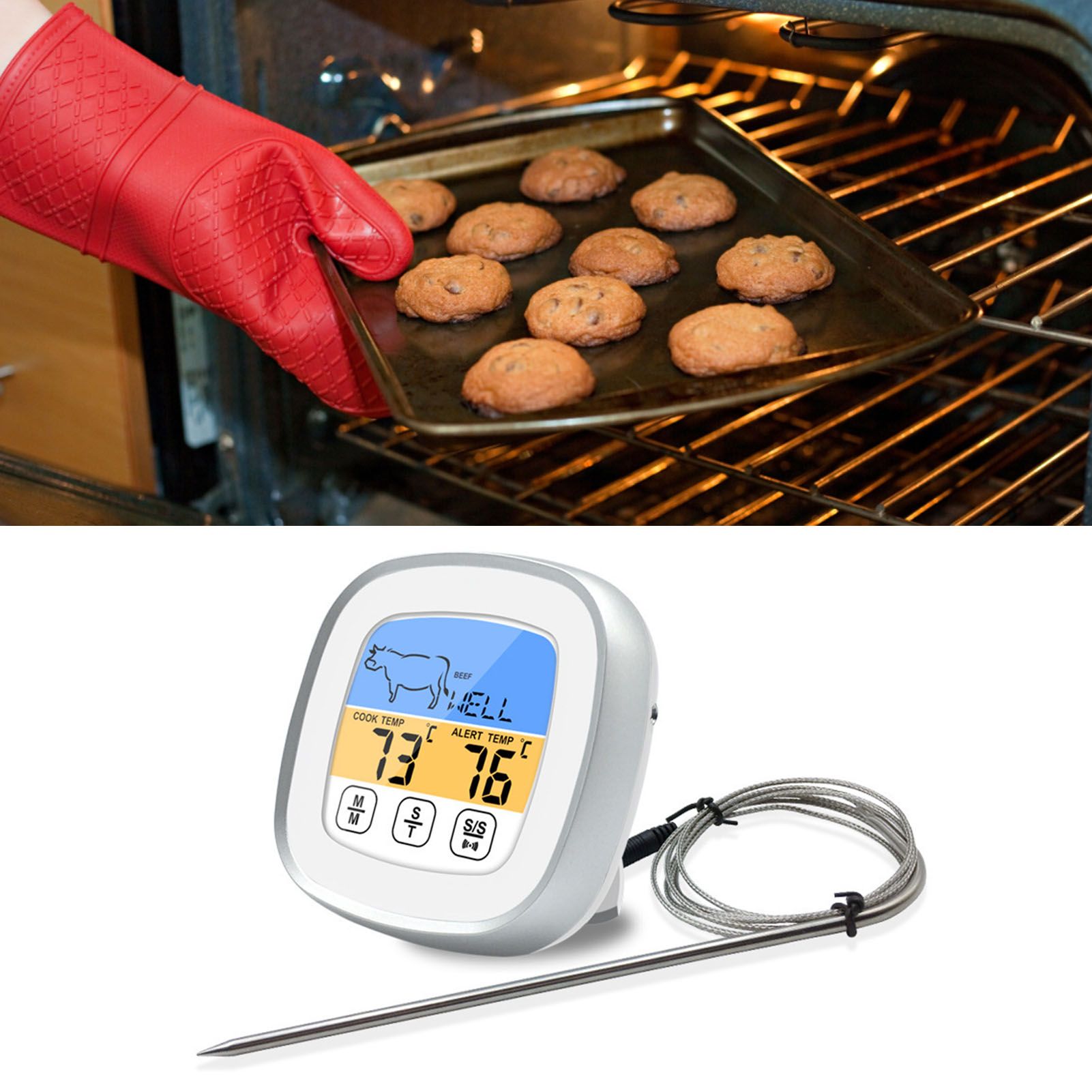 Digital Timer Thermometer Touch Screen Stainless Steel Meat Thermometer for view 12