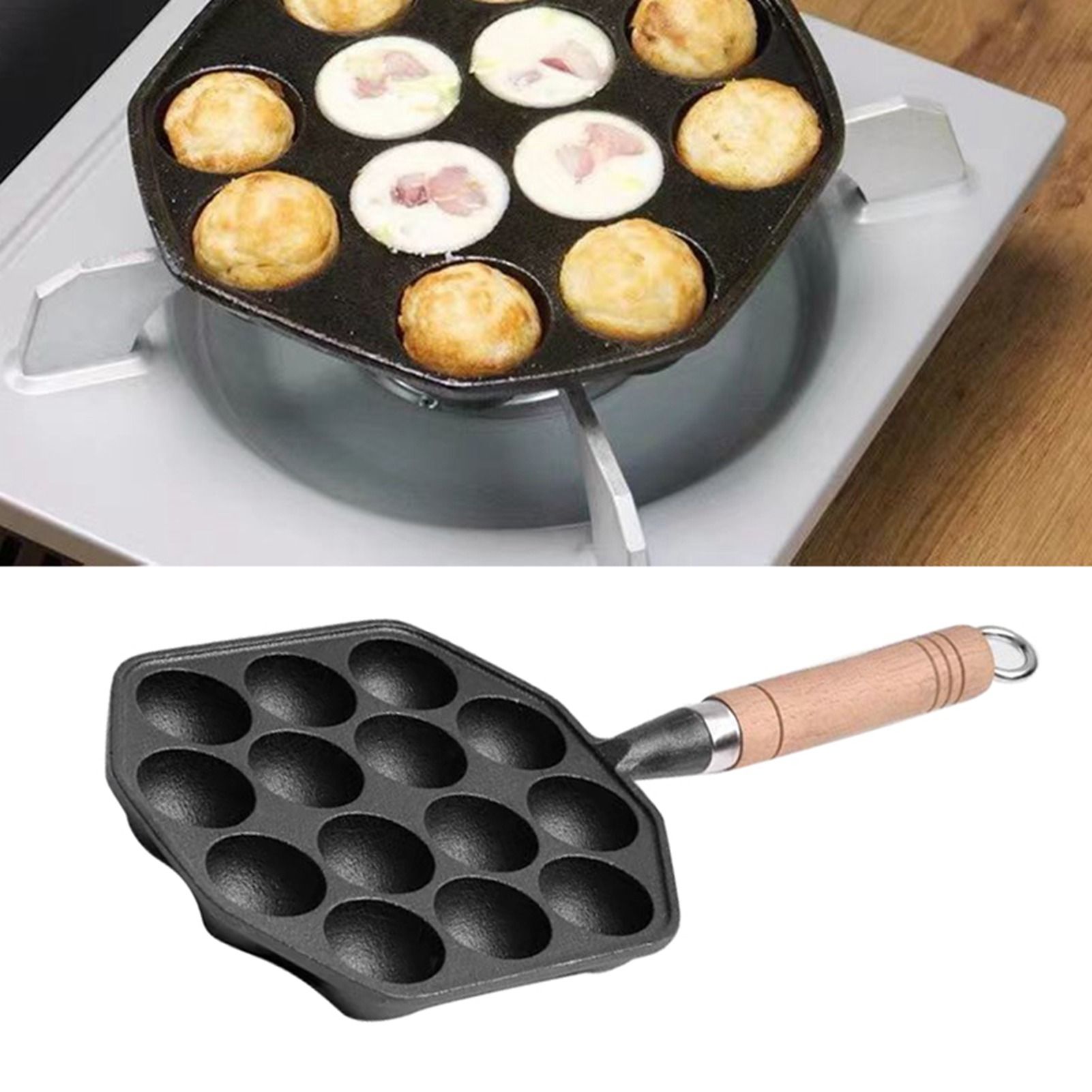 14 Holes Takoyaki Pan Nonstick Cast Iron Octopus Meat Balls Mold Maker with view 5