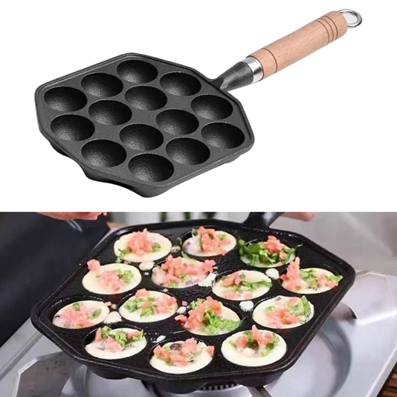 14 Holes Takoyaki Pan Nonstick Cast Iron Octopus Meat Balls Mold Maker with view 6