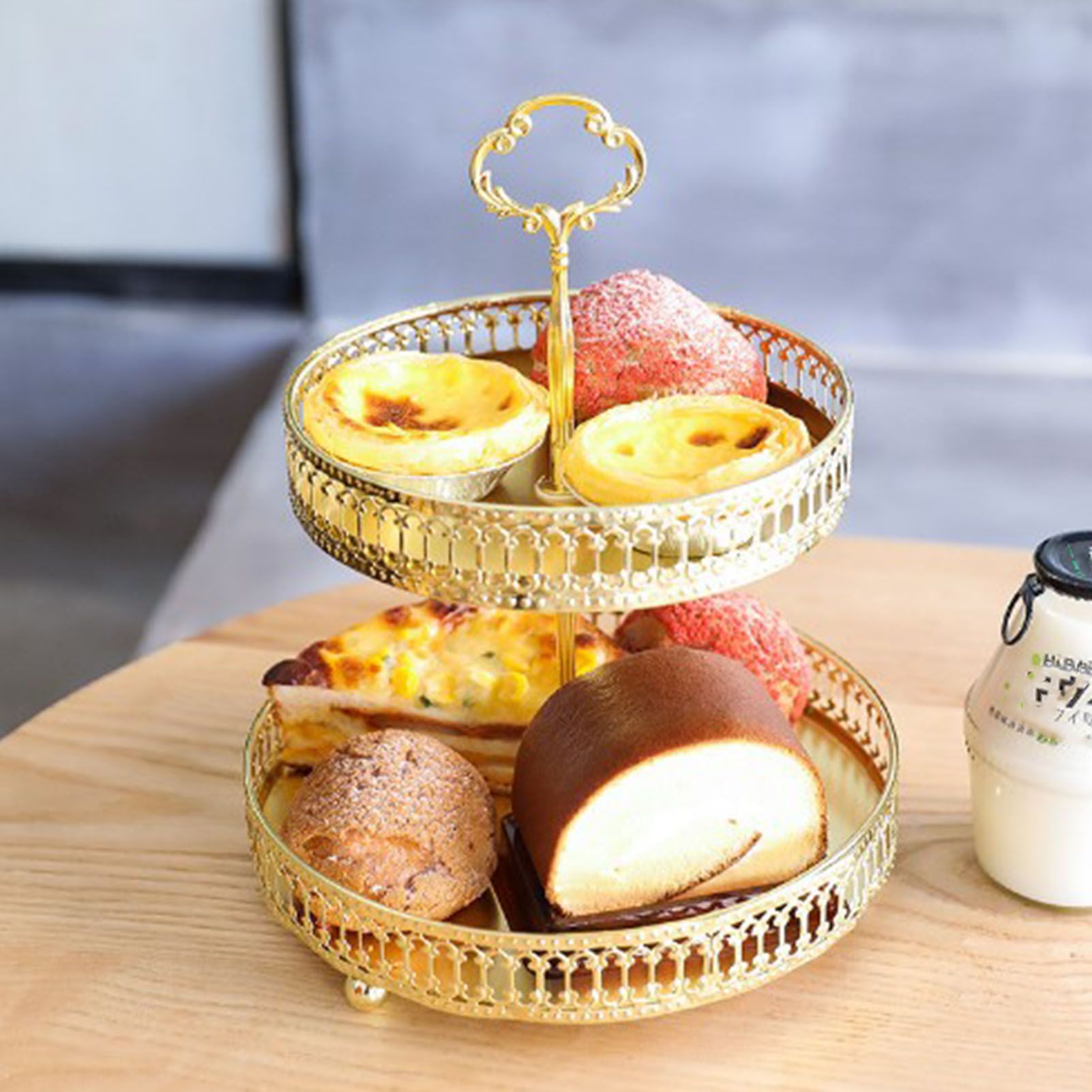 Double Layer Pastry Tray Decorative Copper Gold Biscuits Dessert Display Plate view 6