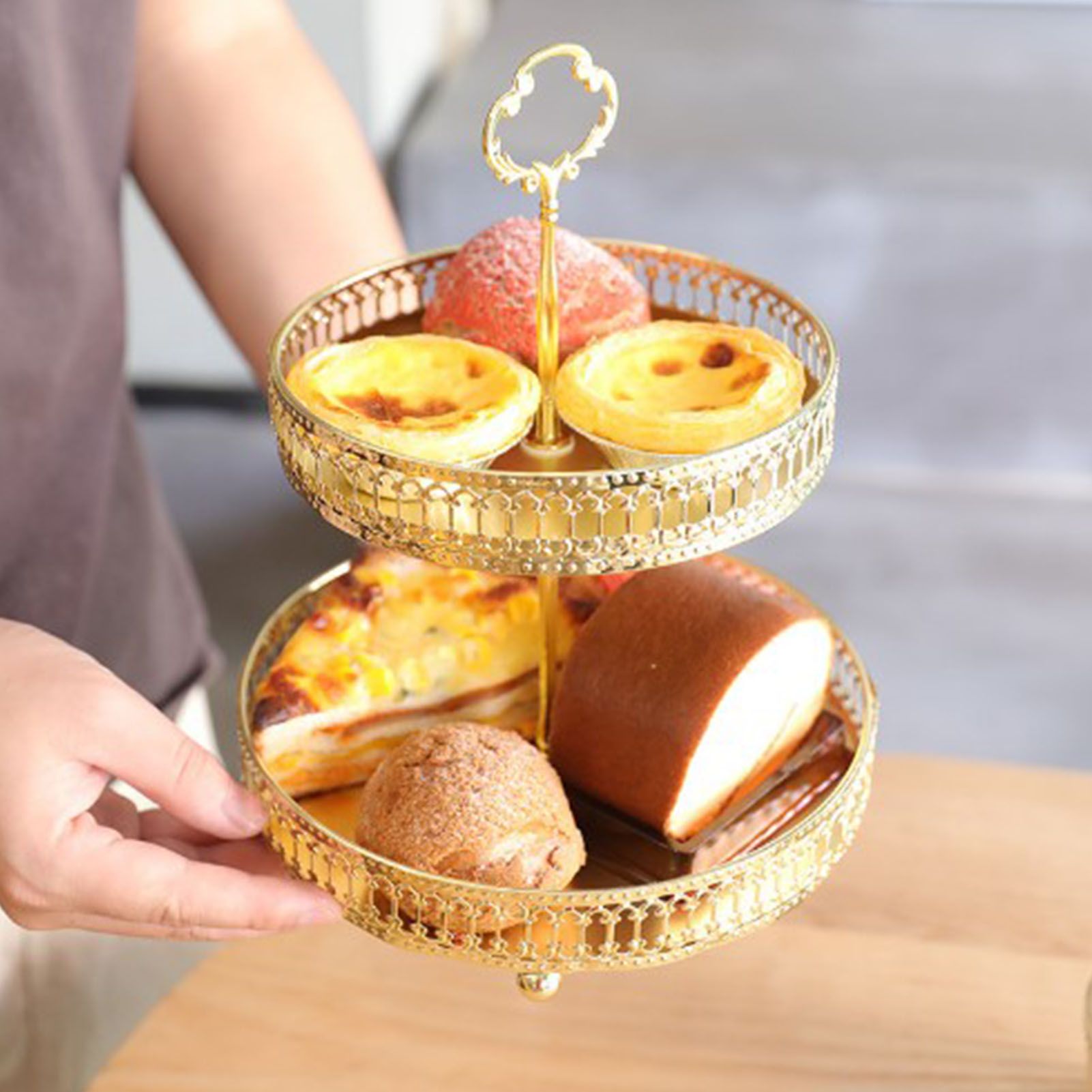 Double Layer Pastry Tray Decorative Copper Gold Biscuits Dessert Display Plate view 13
