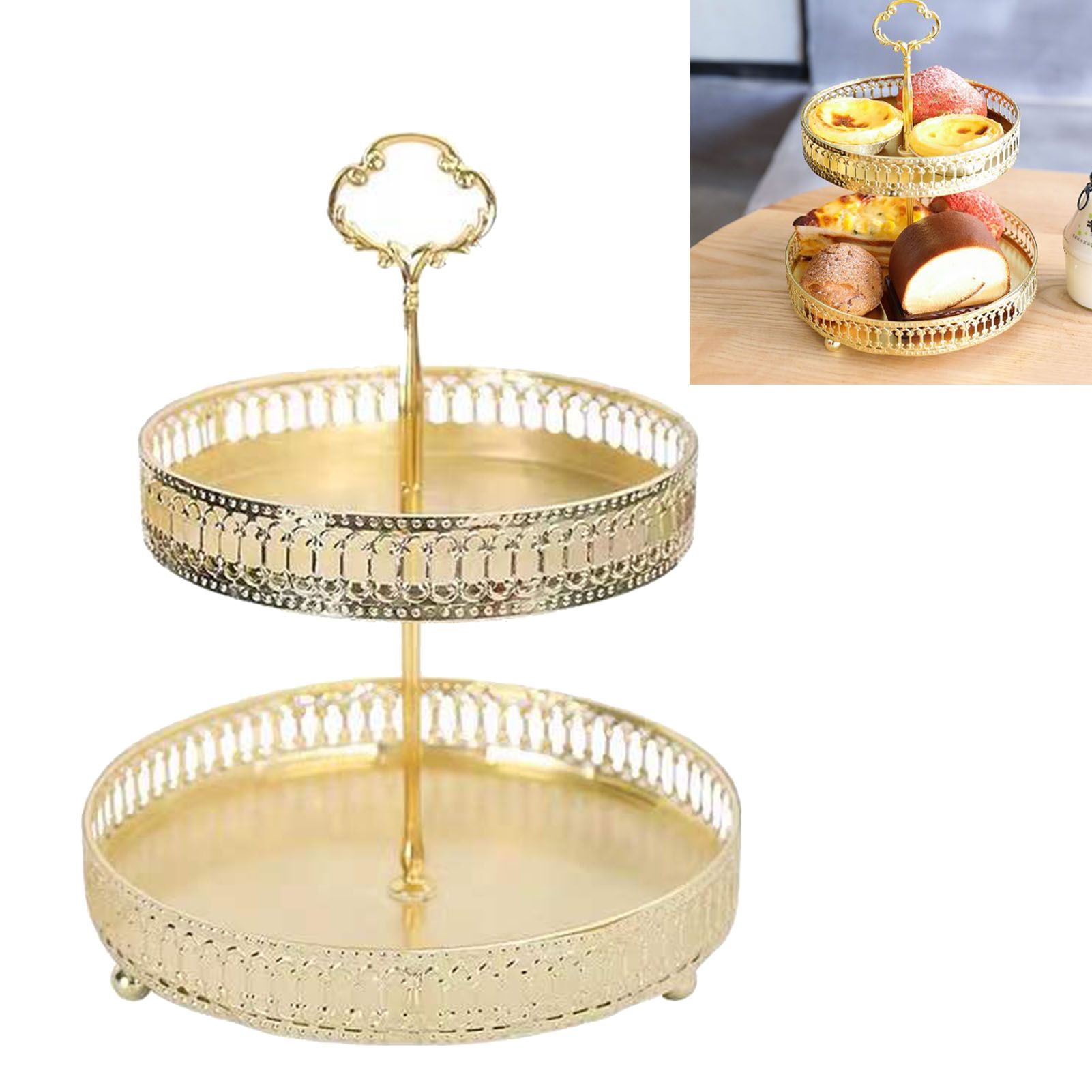 Double Layer Pastry Tray Decorative Copper Gold Biscuits Dessert Display Plate view 5