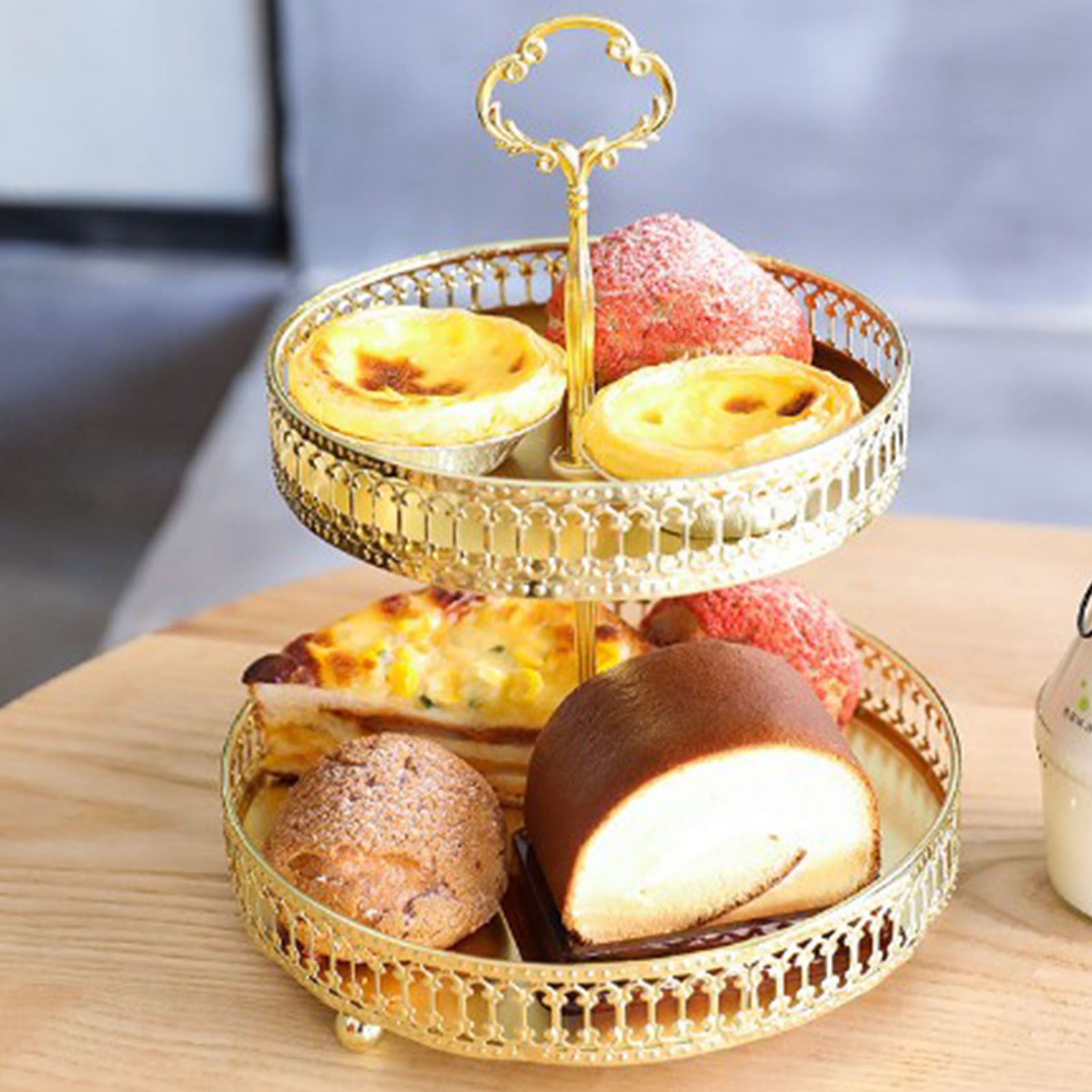 Double Layer Pastry Tray Decorative Copper Gold Biscuits Dessert Display Plate view 6