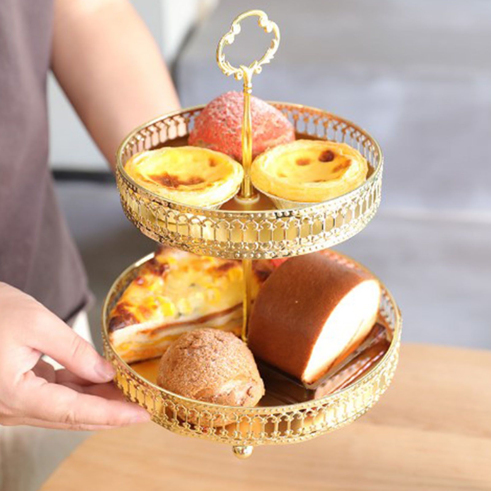 Double Layer Pastry Tray Decorative Copper Gold Biscuits Dessert Display Plate view 9