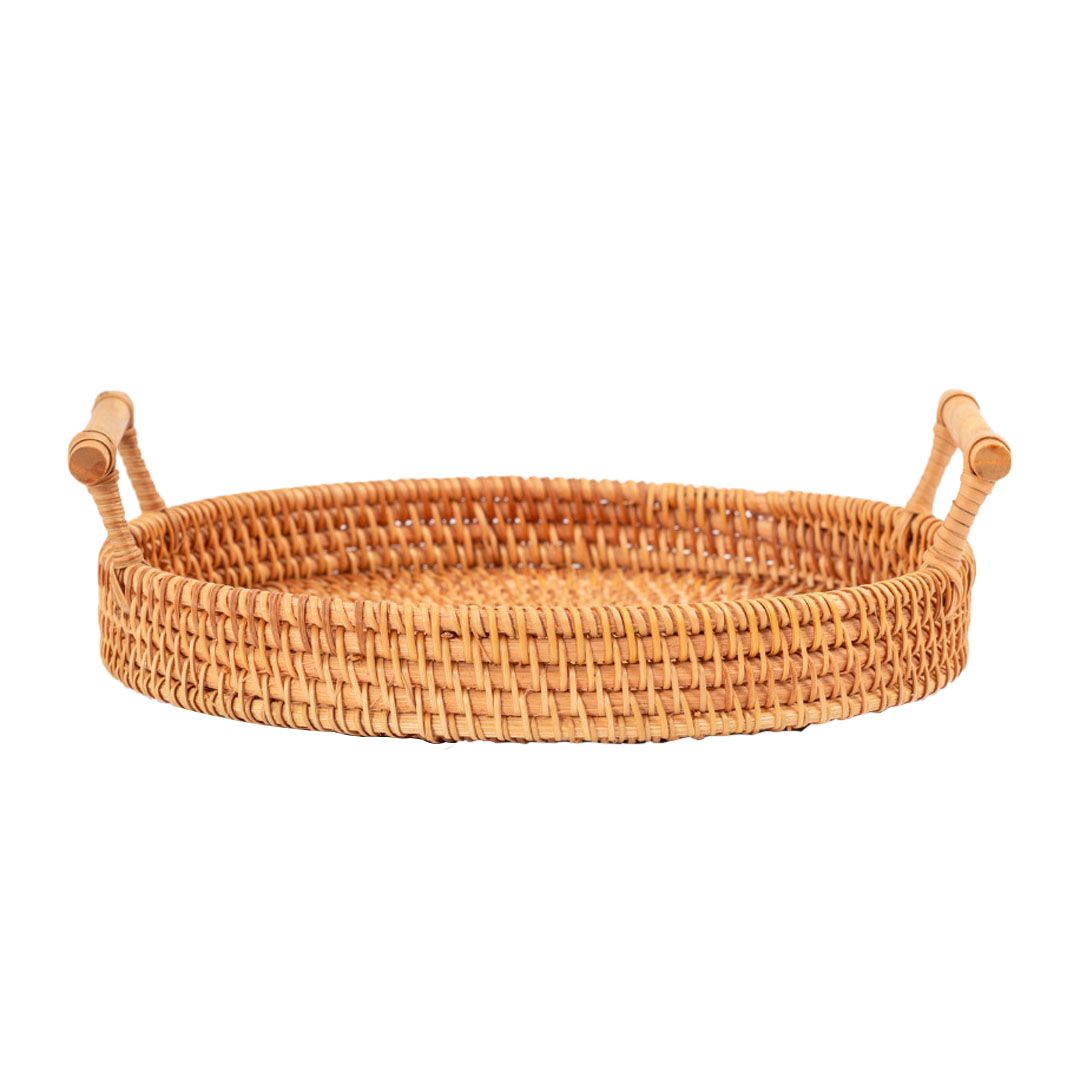 Hand Woven Round Rattan Serving Tray Bread Fruit Dessert Snack Basket with