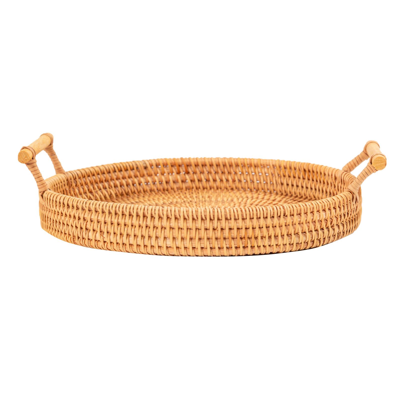 Hand Woven Round Rattan Serving Tray Bread Fruit Dessert Snack Basket with