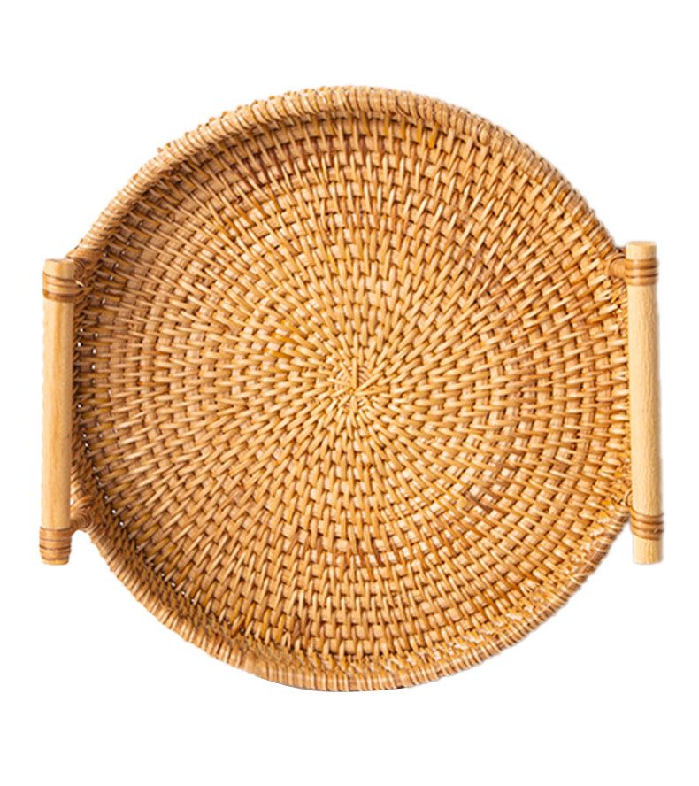Hand Woven Round Rattan Serving Tray Bread Fruit Dessert Snack Basket with view 2