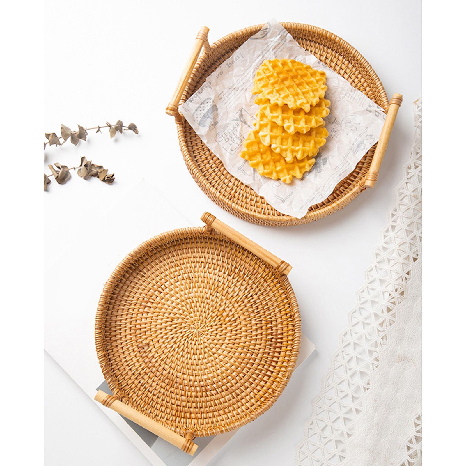 Hand Woven Round Rattan Serving Tray Bread Fruit Dessert Snack Basket with view 5