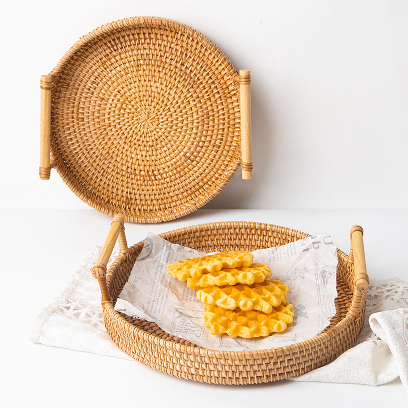 Hand Woven Round Rattan Serving Tray Bread Fruit Dessert Snack Basket with view 11