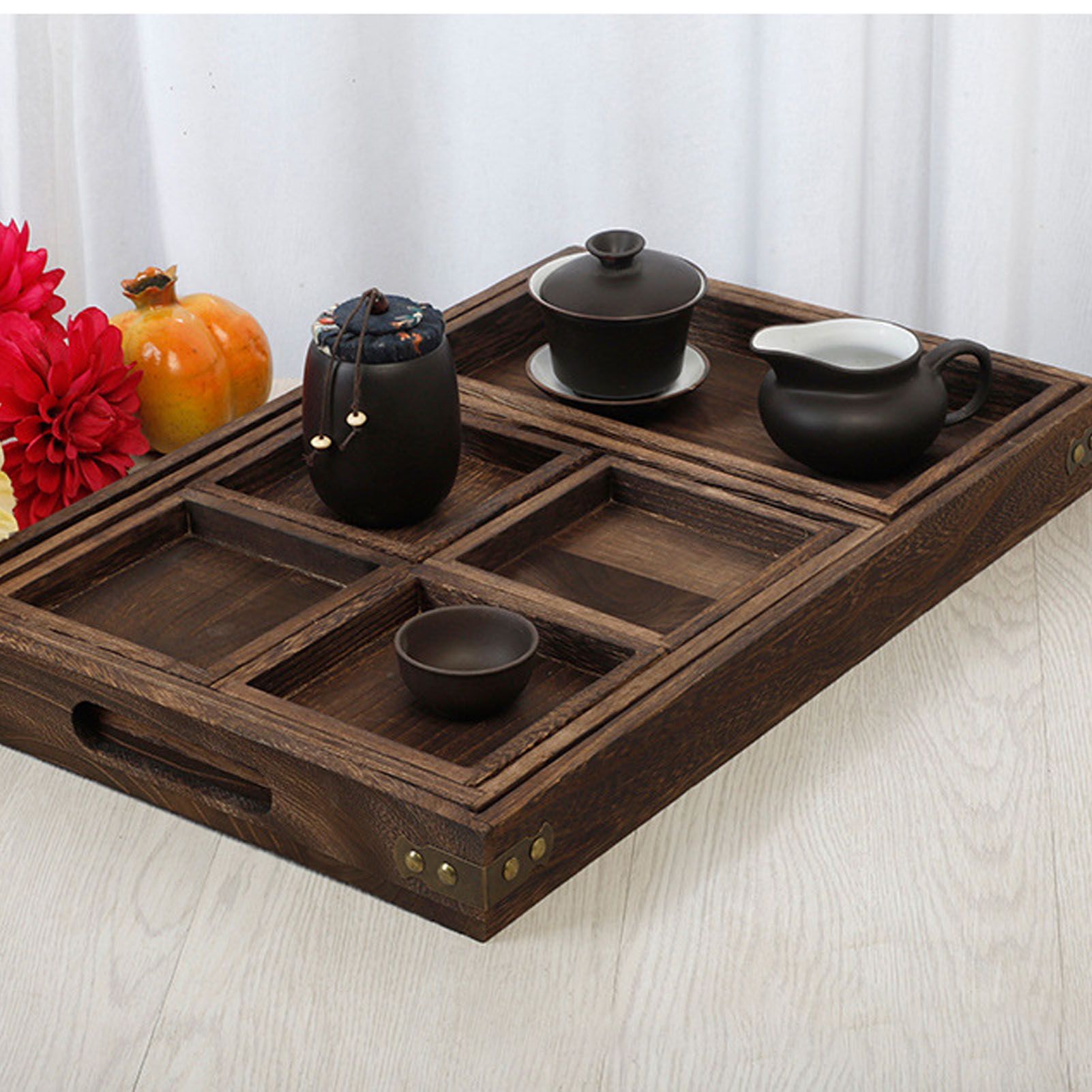Wood Tea Tray Fade Resistant Exquisite Retro Reinforced Rectangular Tea view 5