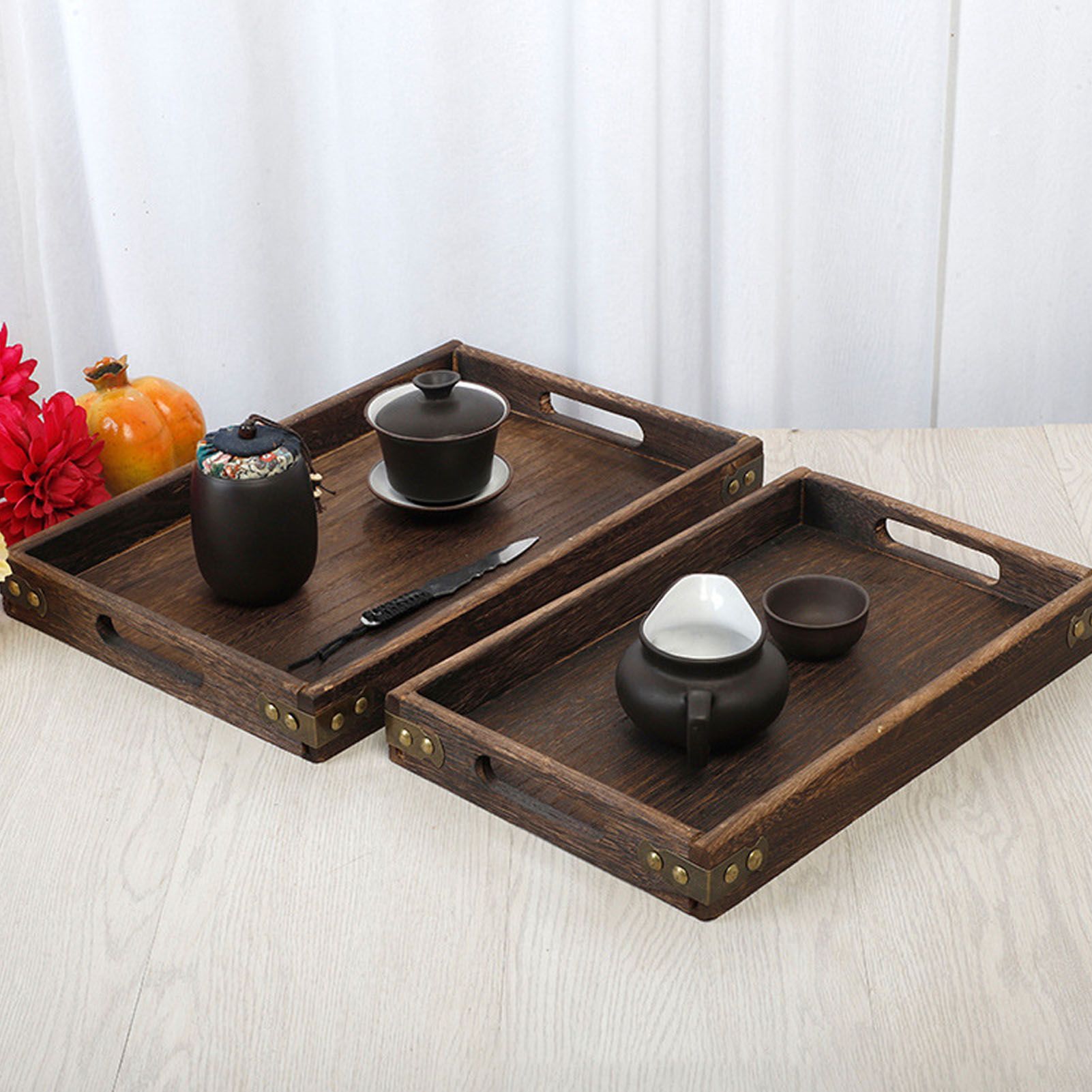 Wood Tea Tray Fade Resistant Exquisite Retro Reinforced Rectangular Tea view 6
