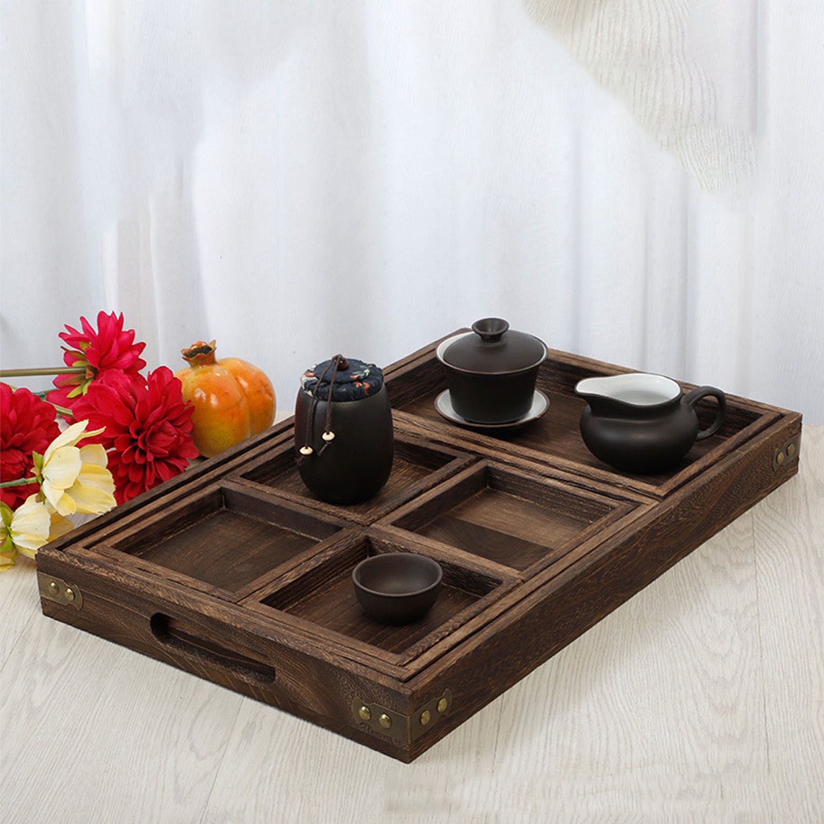 Wood Tea Tray Fade Resistant Exquisite Retro Reinforced Rectangular Tea view 13