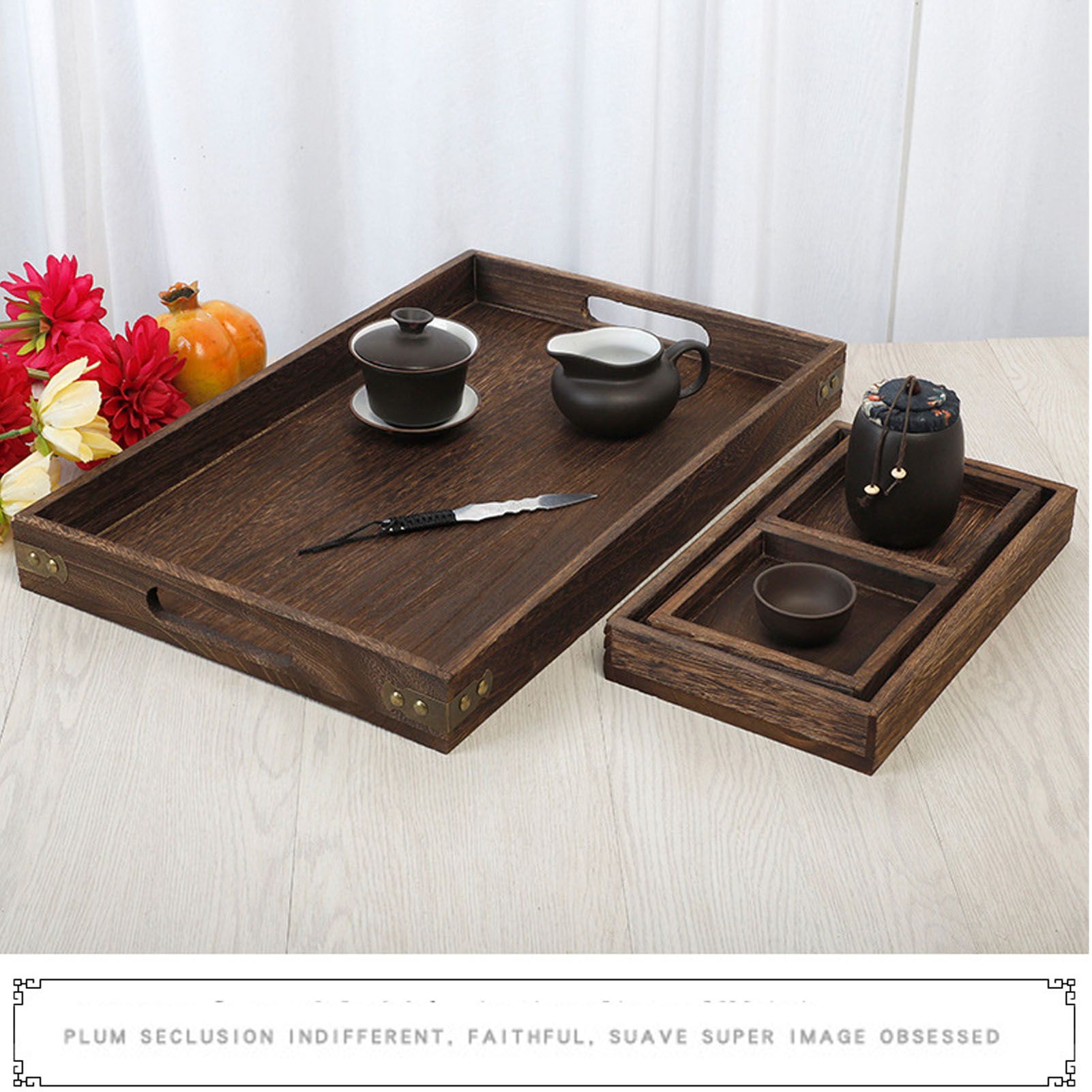 Wood Tea Tray Fade Resistant Exquisite Retro Reinforced Rectangular Tea view 15