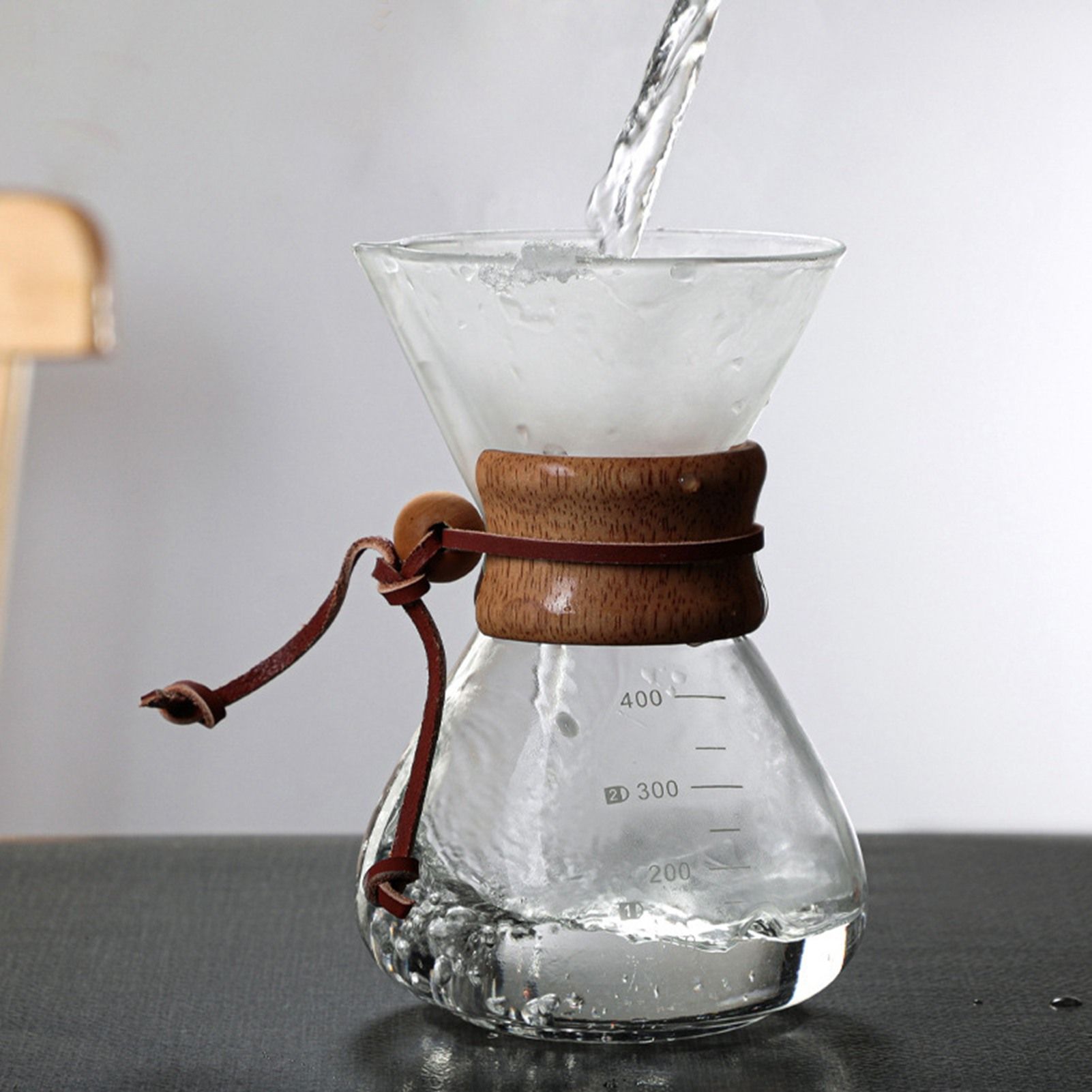 Pour Over Coffee Maker 400ml Double Layer Filter V Spout Wooden Sleeve Coffee view 2