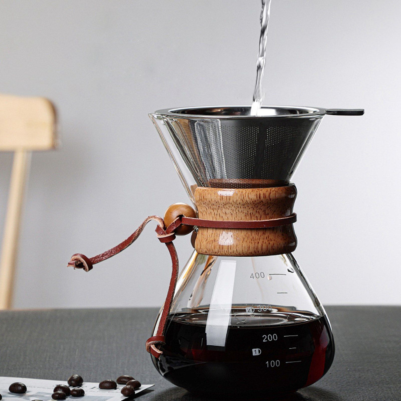 Pour Over Coffee Maker 400ml Double Layer Filter V Spout Wooden Sleeve Coffee view 3