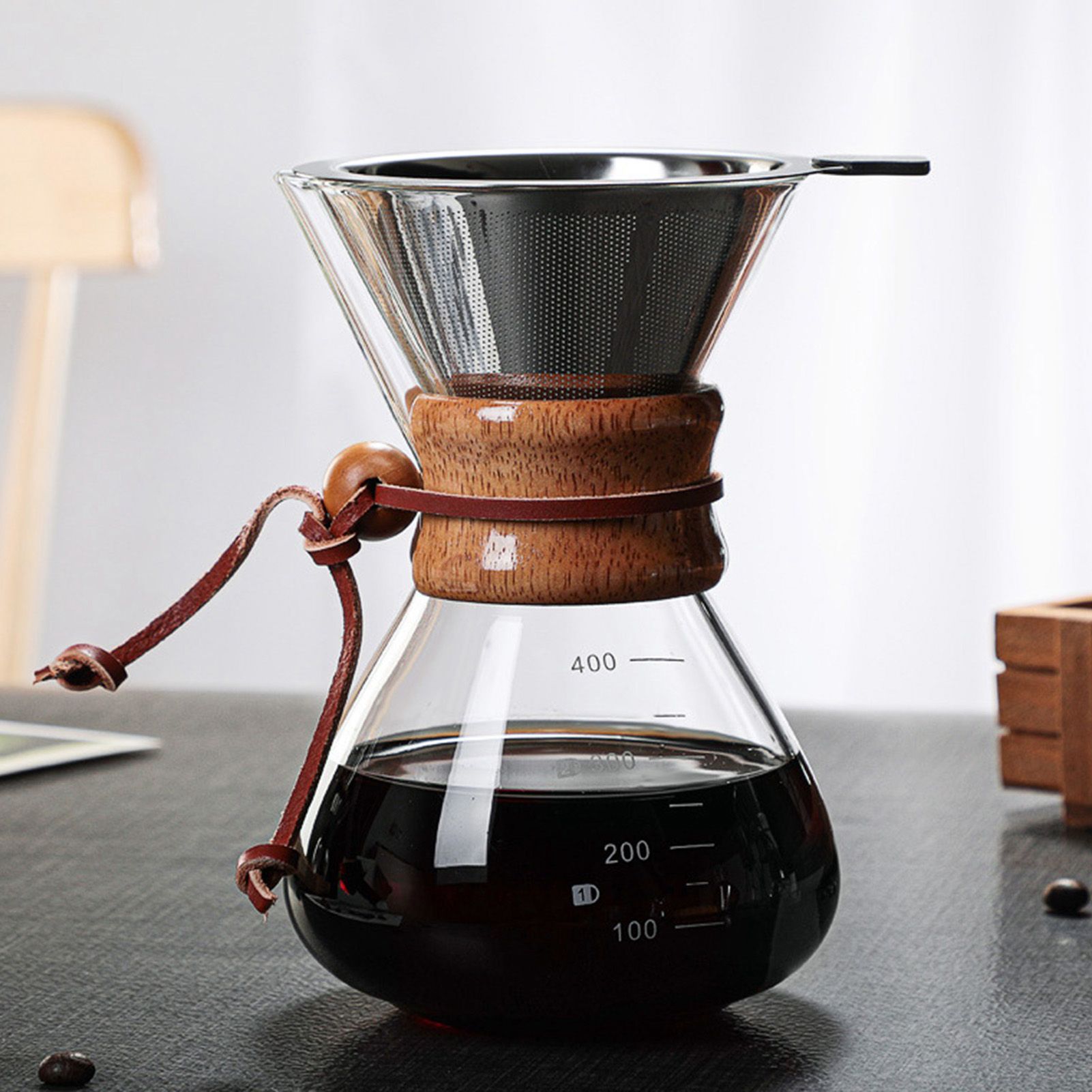 Pour Over Coffee Maker 400ml Double Layer Filter V Spout Wooden Sleeve Coffee view 5