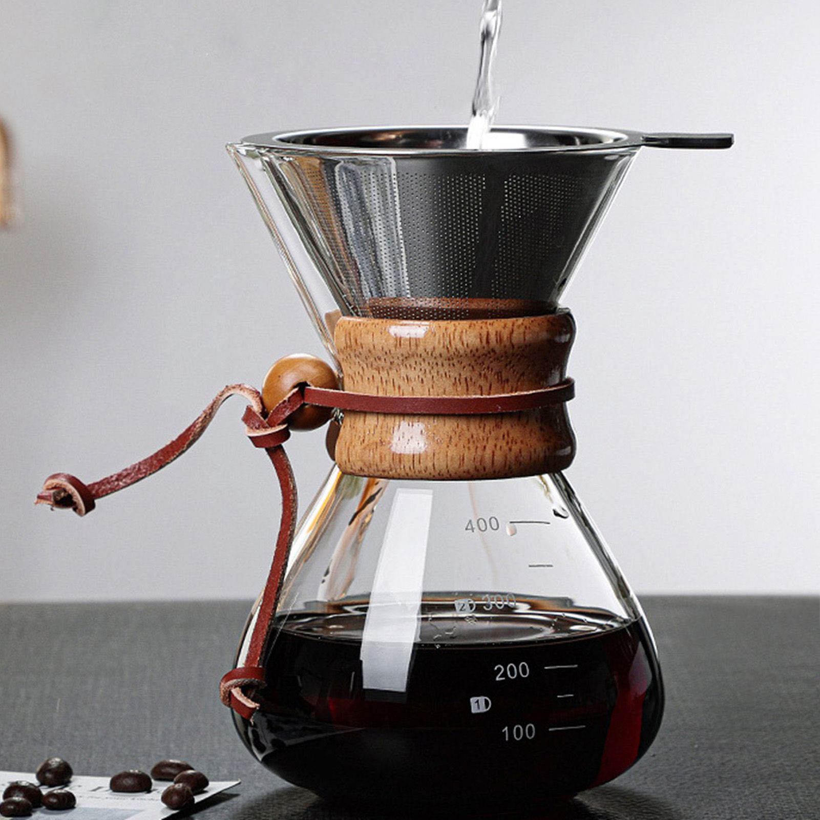 Pour Over Coffee Maker 400ml Double Layer Filter V Spout Wooden Sleeve Coffee view 6
