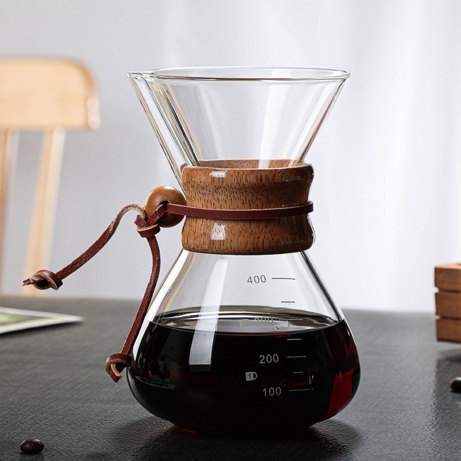 Pour Over Coffee Maker 400ml Double Layer Filter V Spout Wooden Sleeve Coffee view 7