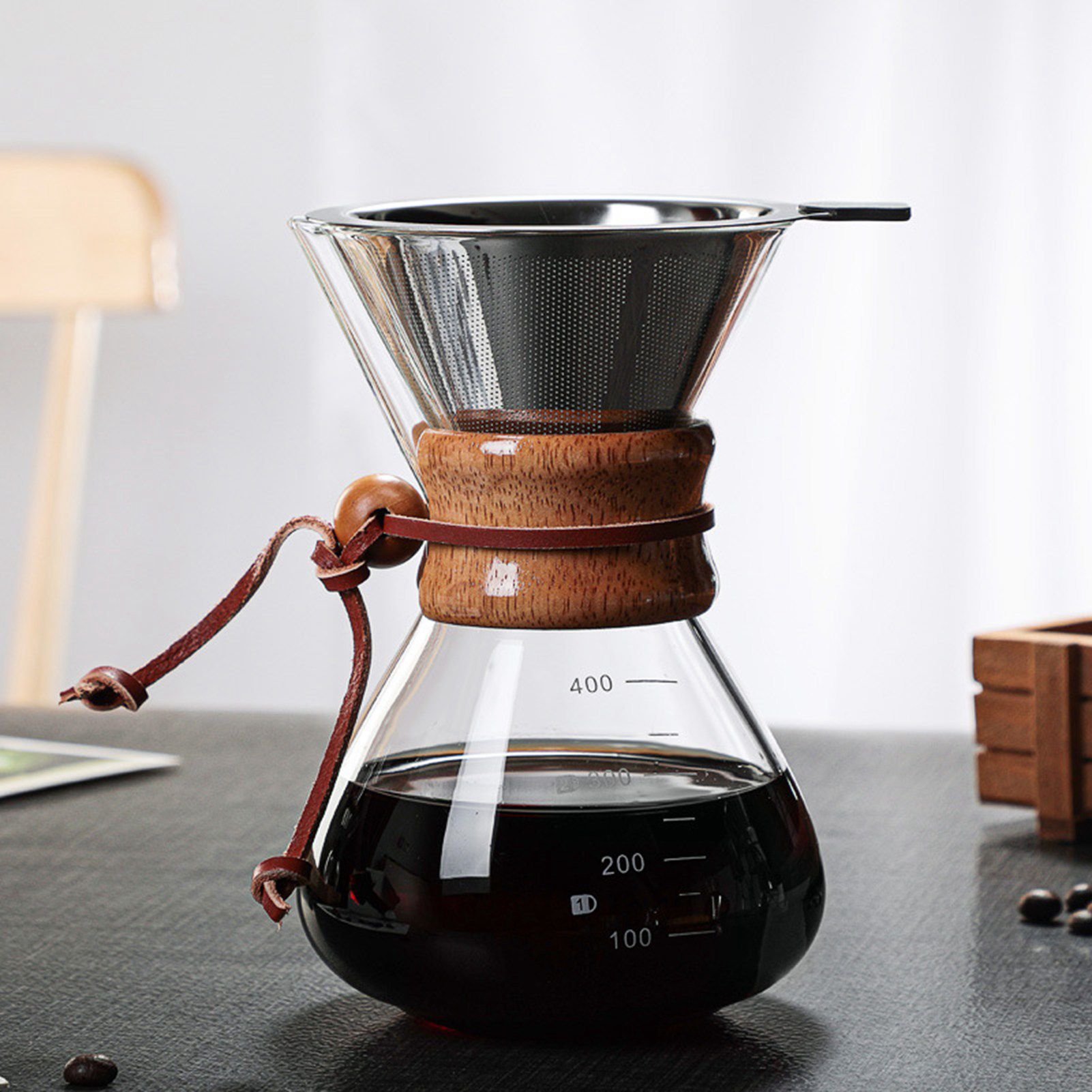Pour Over Coffee Maker 400ml Double Layer Filter V Spout Wooden Sleeve Coffee view 9