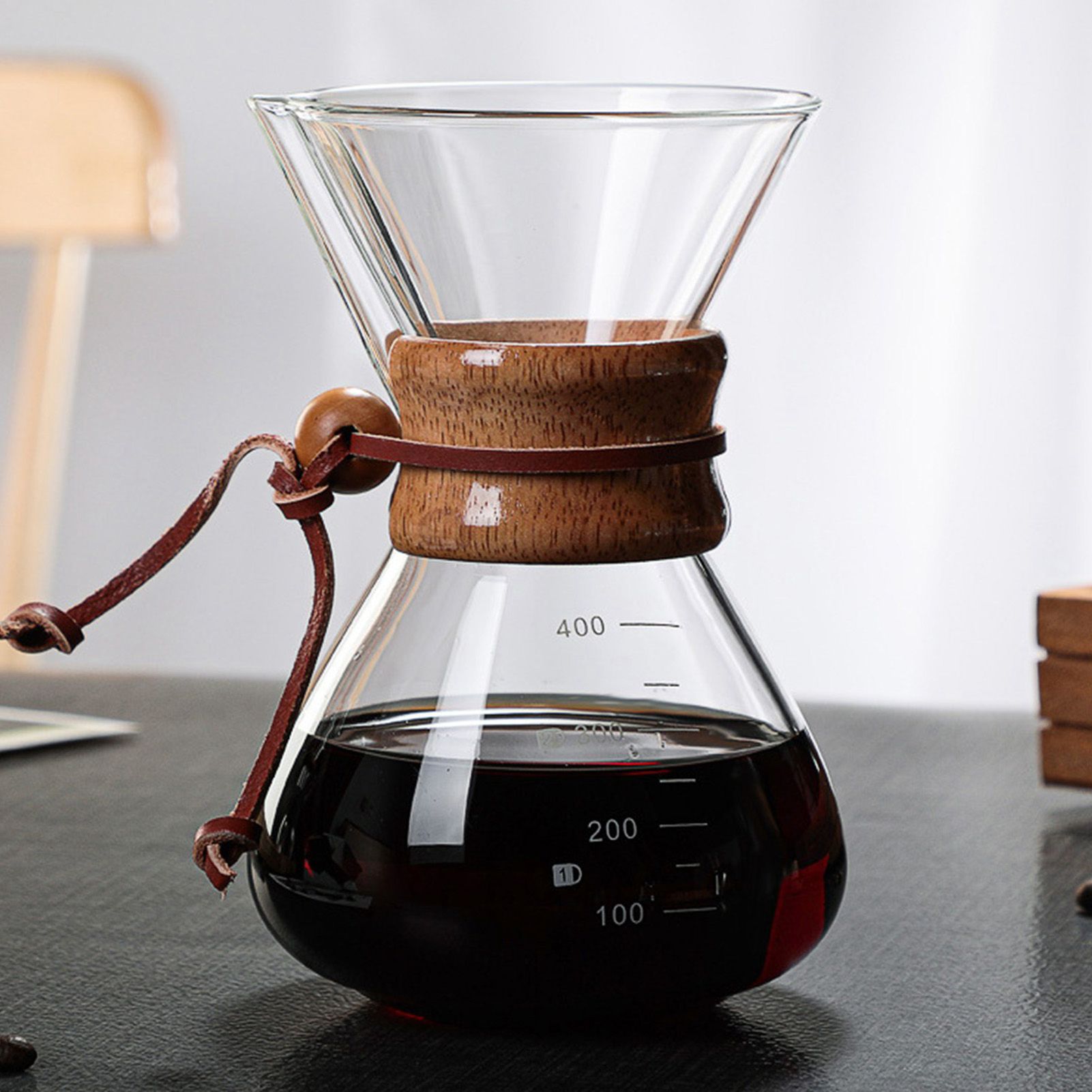 Pour Over Coffee Maker 400ml Double Layer Filter V Spout Wooden Sleeve Coffee view 12