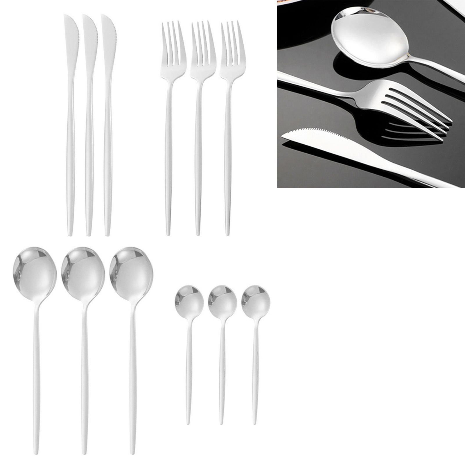 12Pcs Tableware Set Spoons Knives Forks Glossy 410 Stainless Steel Cutlery Set view 6