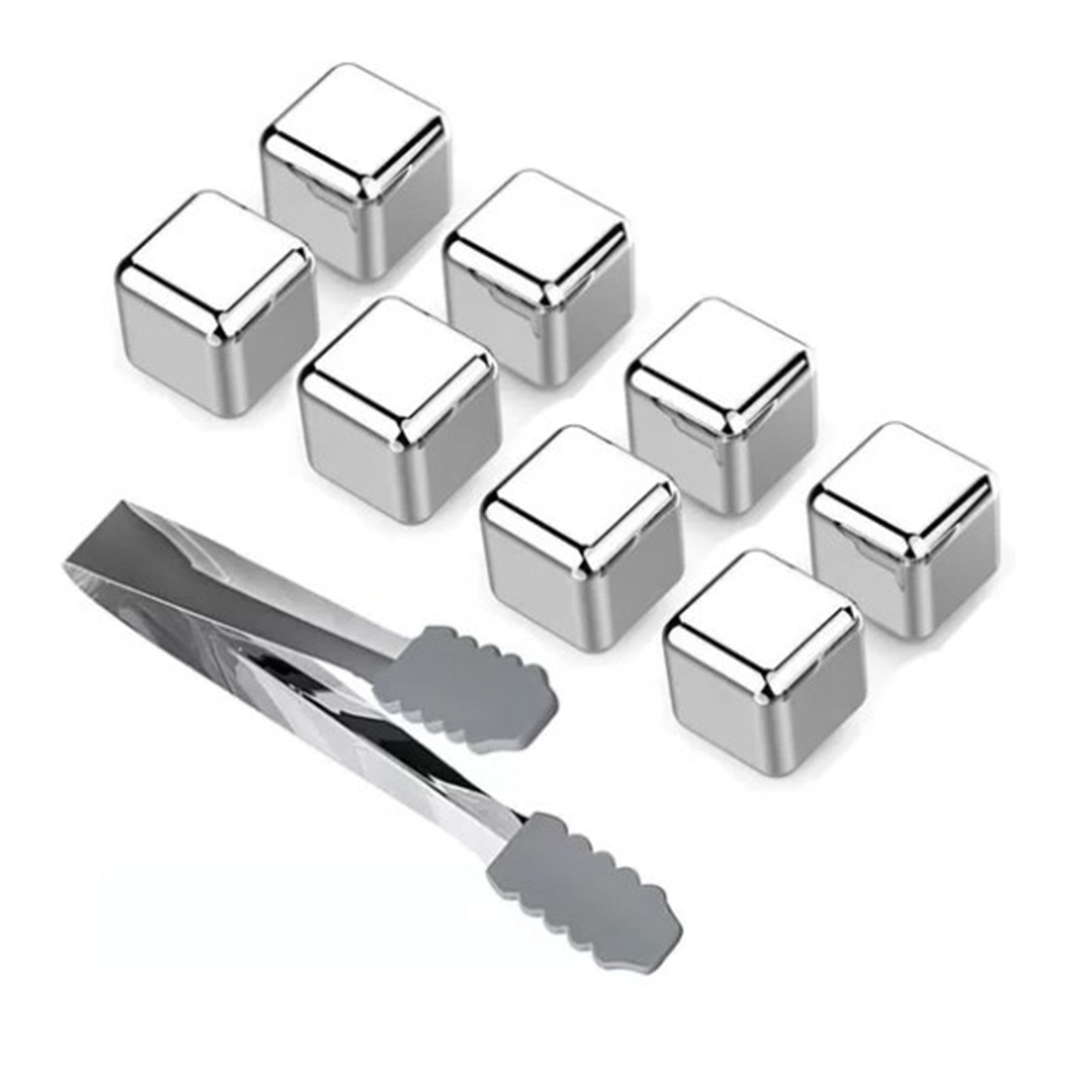 8PCS Metal Ice Cubes 304 Stainless Steel with Ice Tongs Widely Used Whiskey