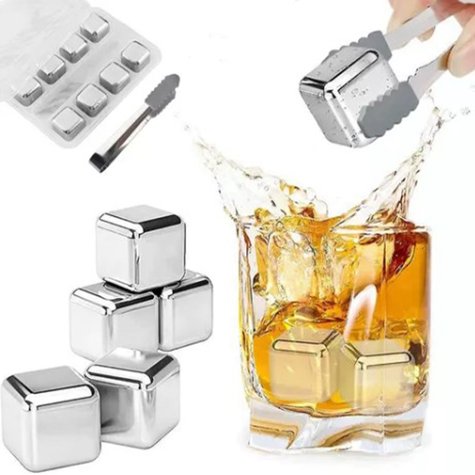 8PCS Metal Ice Cubes 304 Stainless Steel with Ice Tongs Widely Used Whiskey view 5