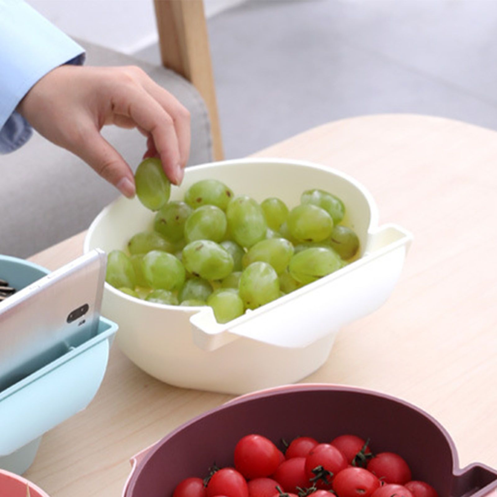 Strainer Bowl 2 Layer Fruit Colander Basket Plastic with Phone Bracket for view 6