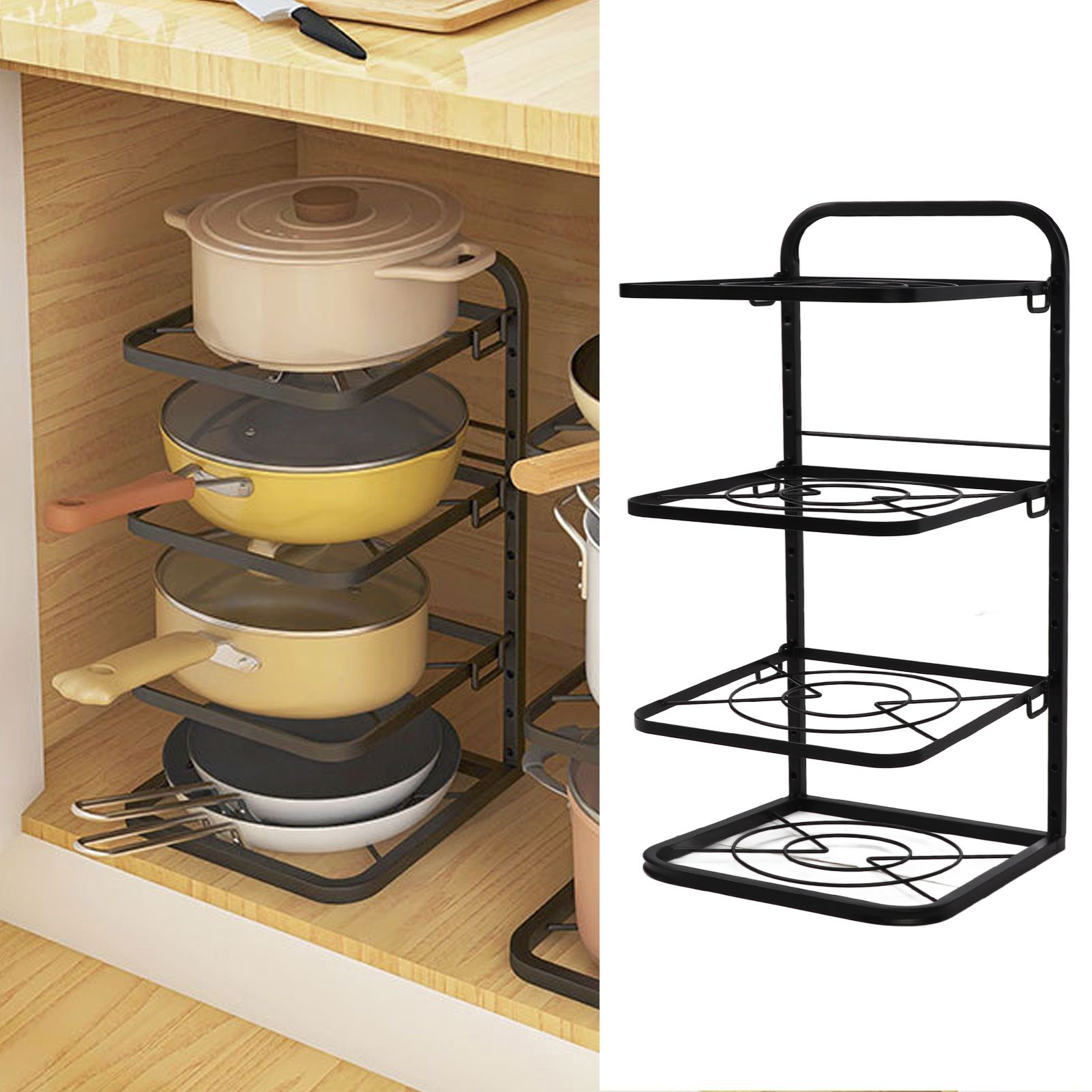 Kitchen Pots Organizer 4 Tiers Adjustable Height Space Saving Pan Rack for view 11