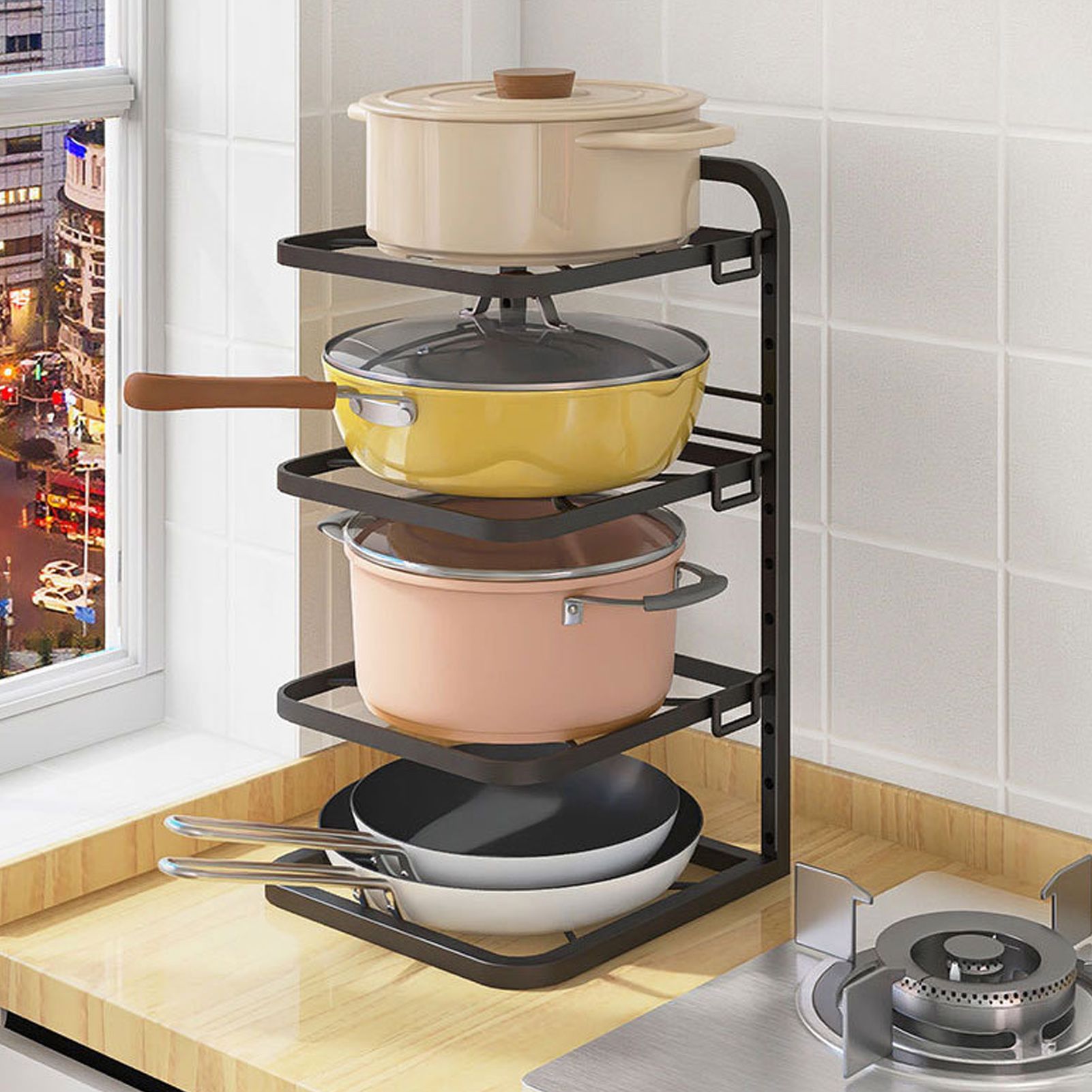 Kitchen Pots Organizer 4 Tiers Adjustable Height Space Saving Pan Rack for view 12