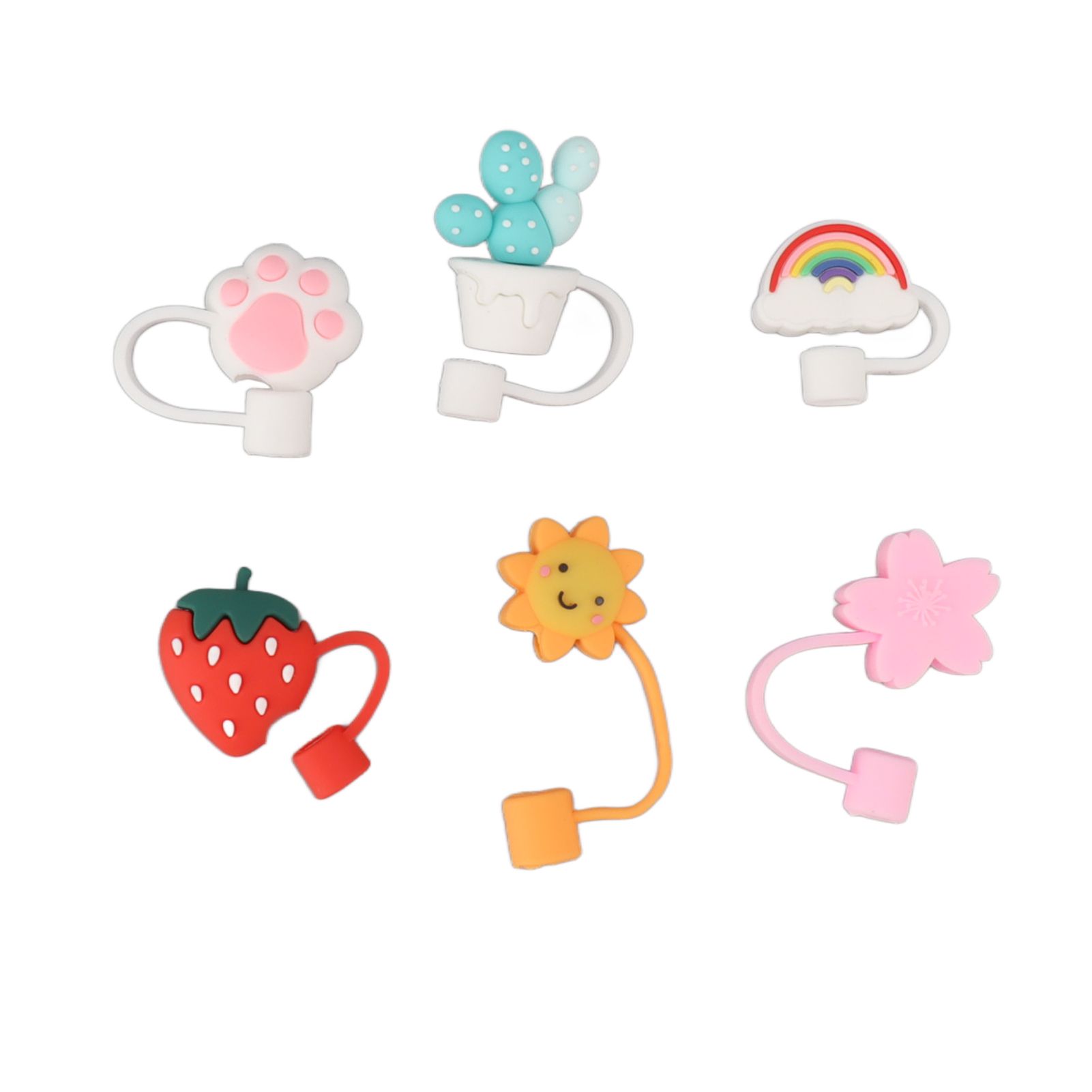 6Pcs Straw Cover Cap Cute Cartoon Reusable Silicone Toppers Drinking Tips Lids
