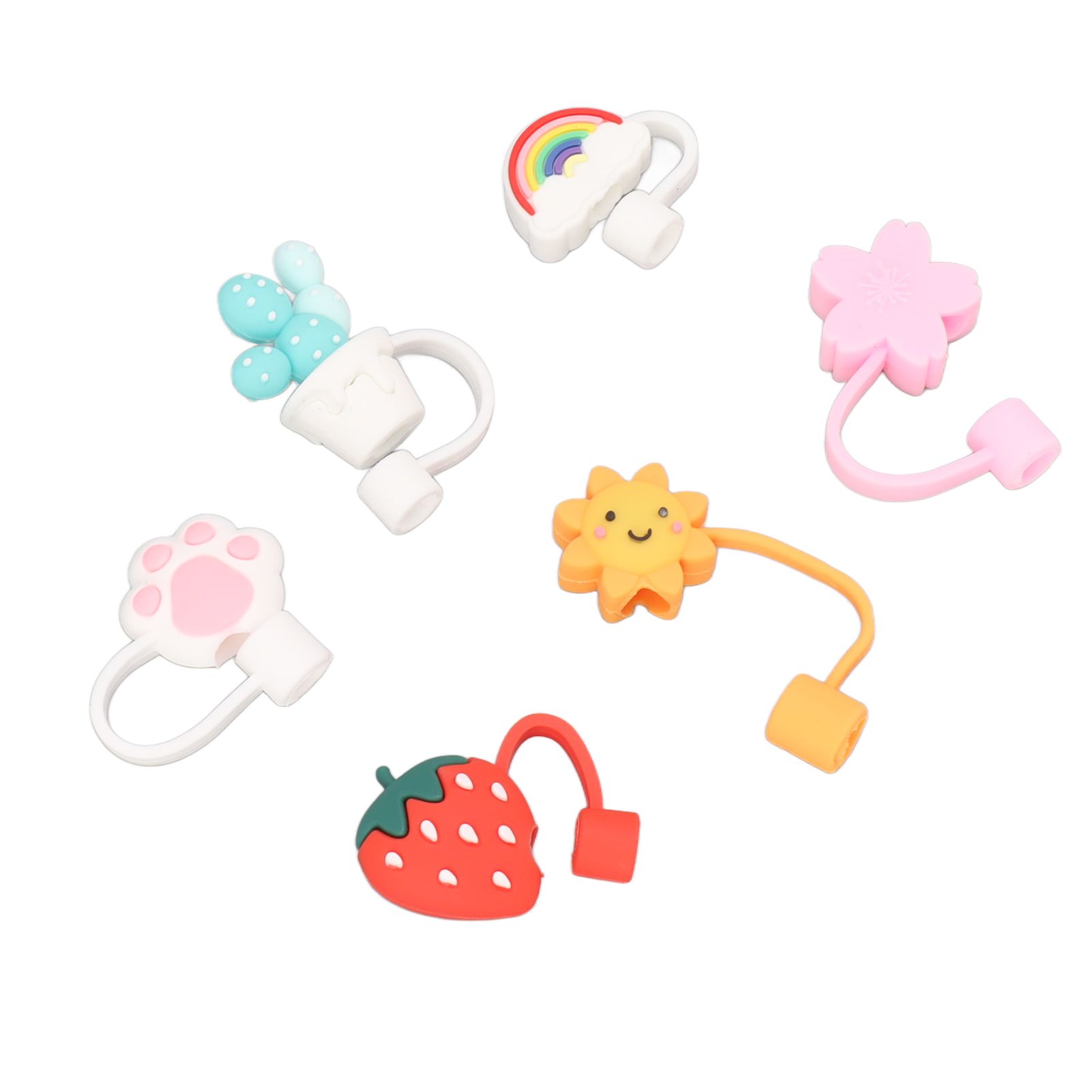 6Pcs Straw Cover Cap Cute Cartoon Reusable Silicone Toppers Drinking Tips Lids view 2