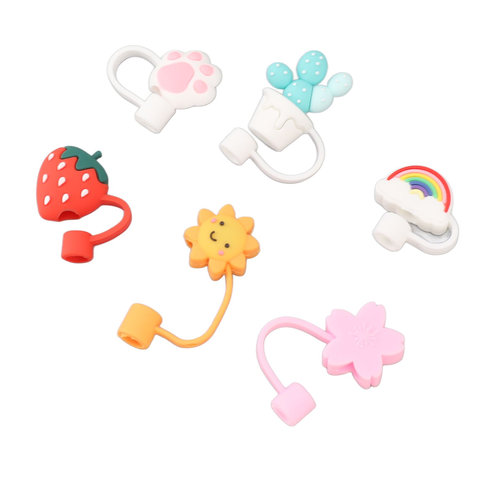 6Pcs Straw Cover Cap Cute Cartoon Reusable Silicone Toppers Drinking Tips Lids view 6